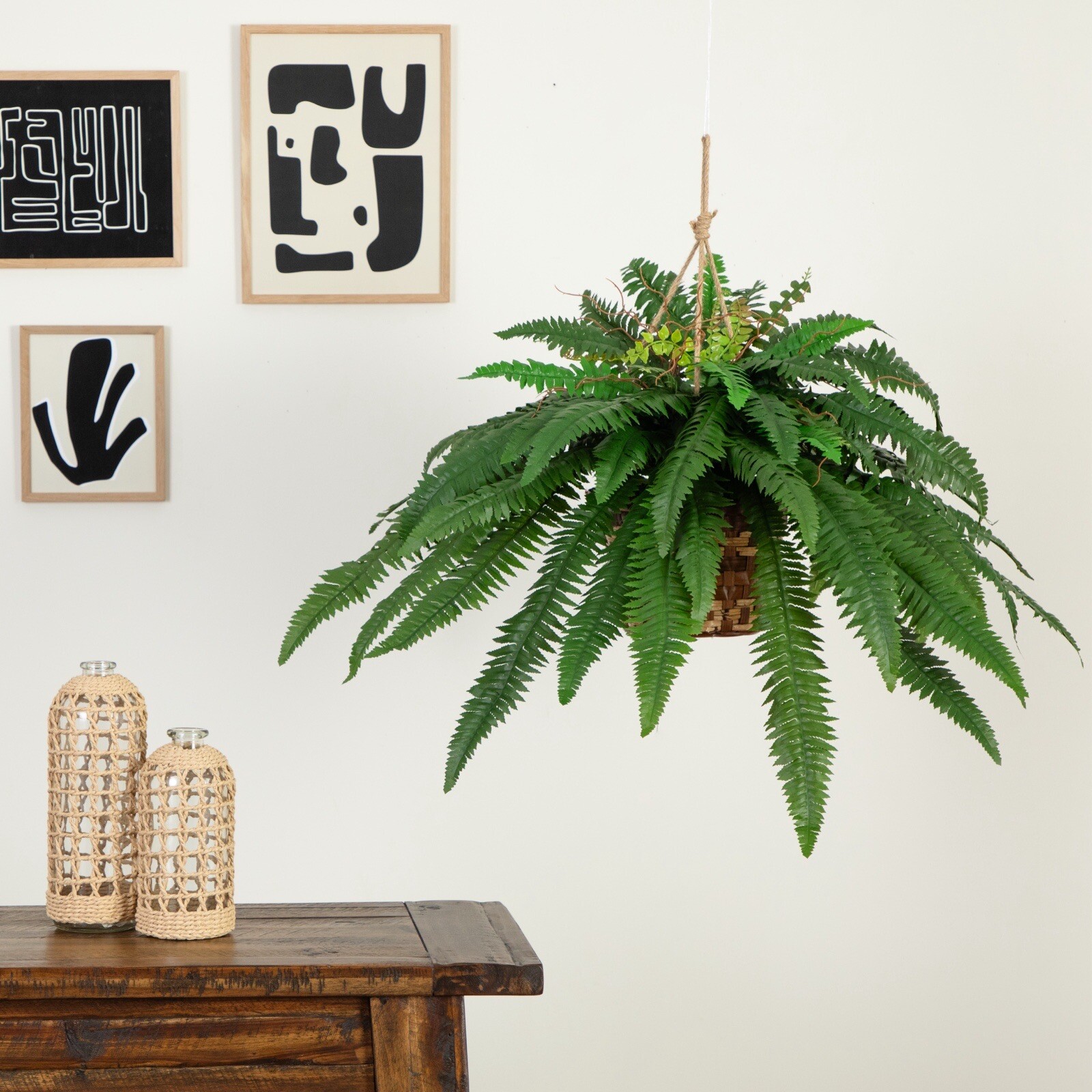 32” Artificial Large Boston Fern Plant In Hanging Basket Home Decor. Retail $99
