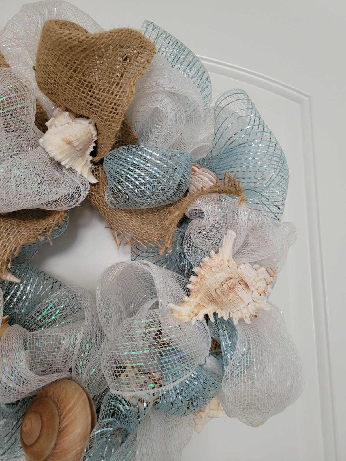 Beautiful Romantic shimmery ribbon SeaShell Wreath 16″ Coastal beach house decor