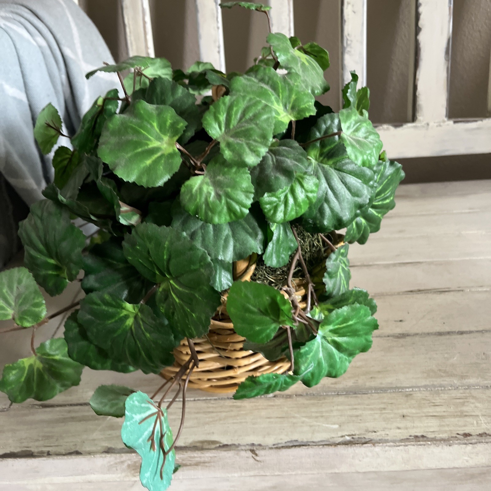 Vintage Faux Artificial Begonia Leaf Plant In Wicker Basket7.5”Tx8.5”Wx6.5”D