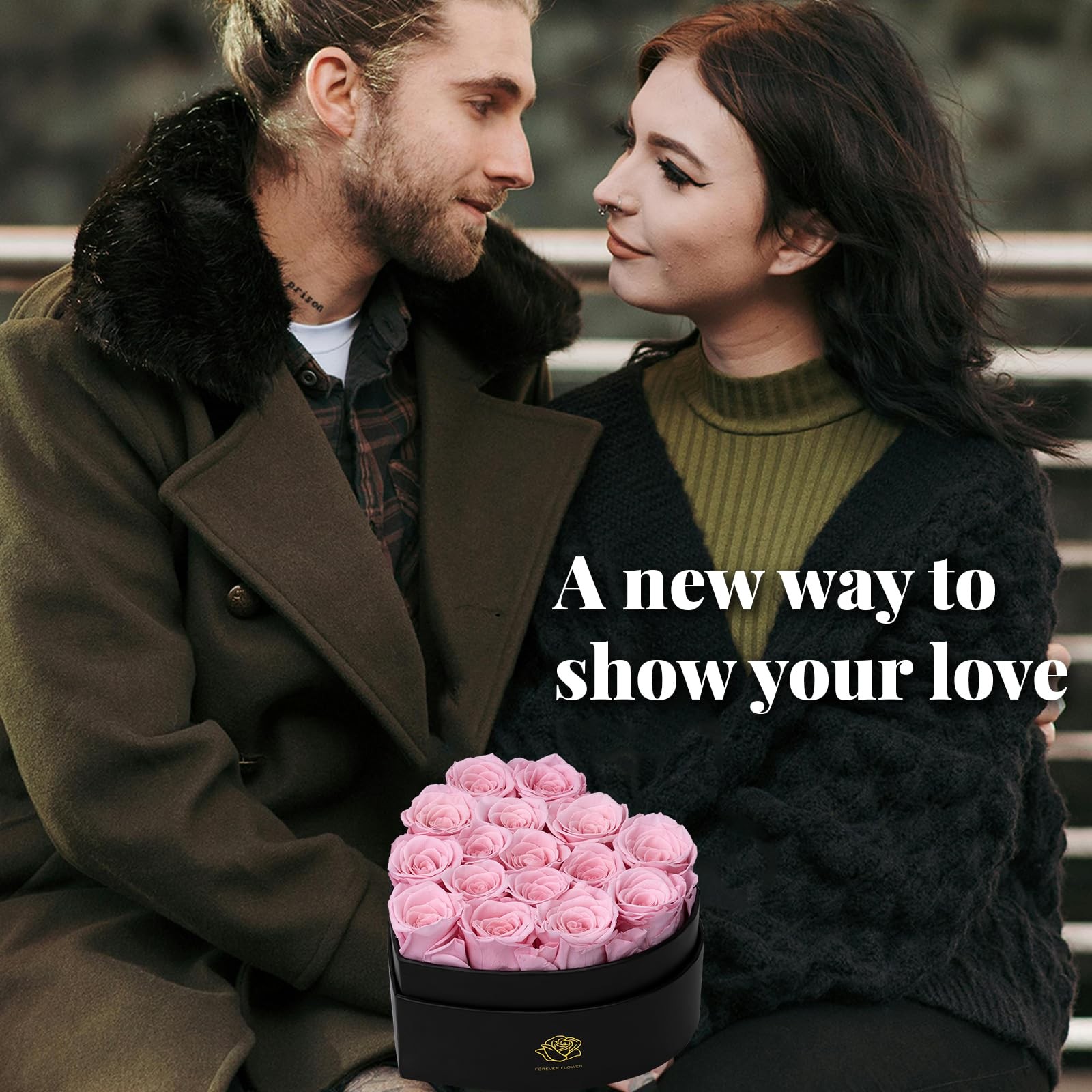 16 PCS Pink Forever Flowers HeartShaped Box Real Preserved Roses Women Gifts