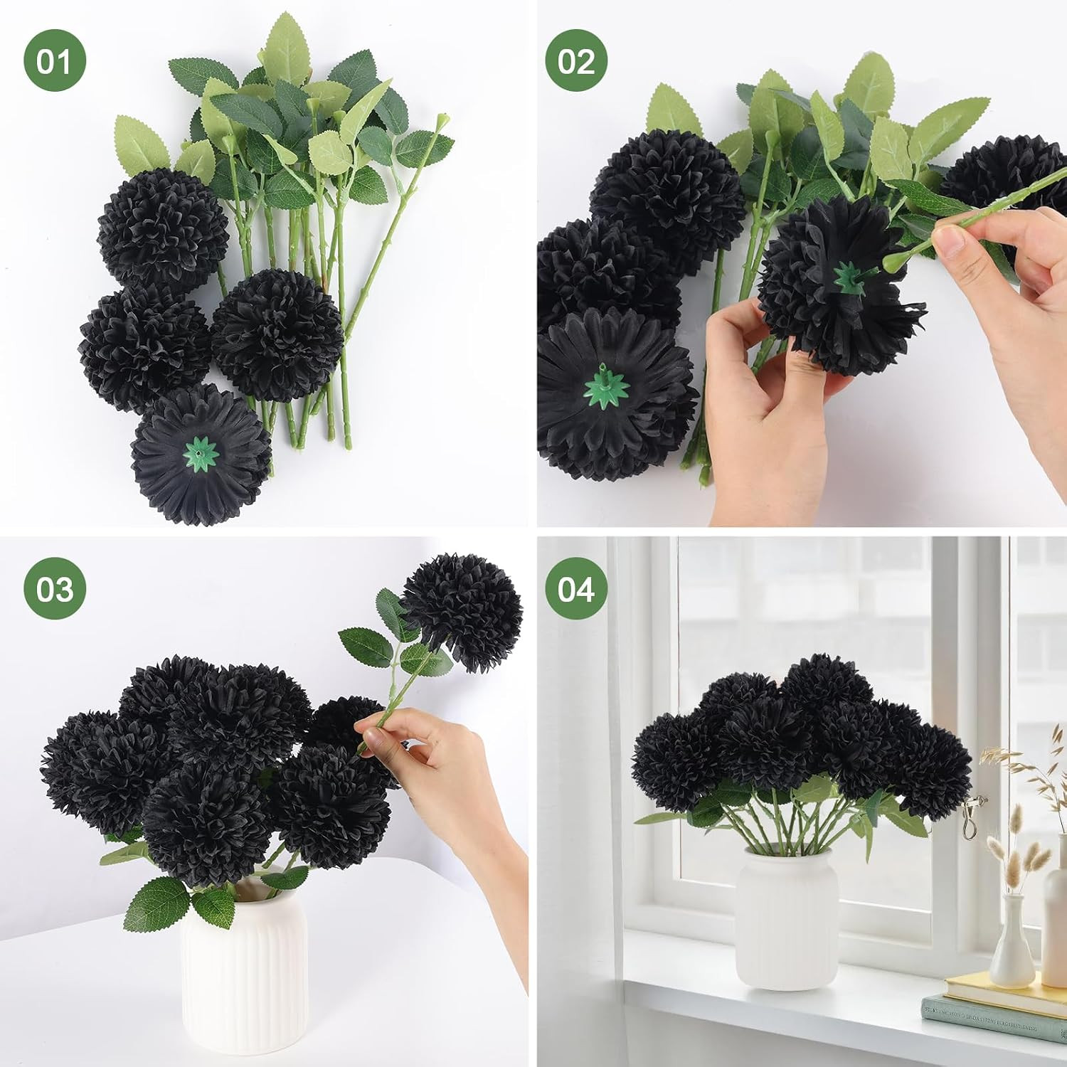 12 Pcs Artificial Chrysanthemums Flowers Ball Flower, Fake Mums Flowers Black Si