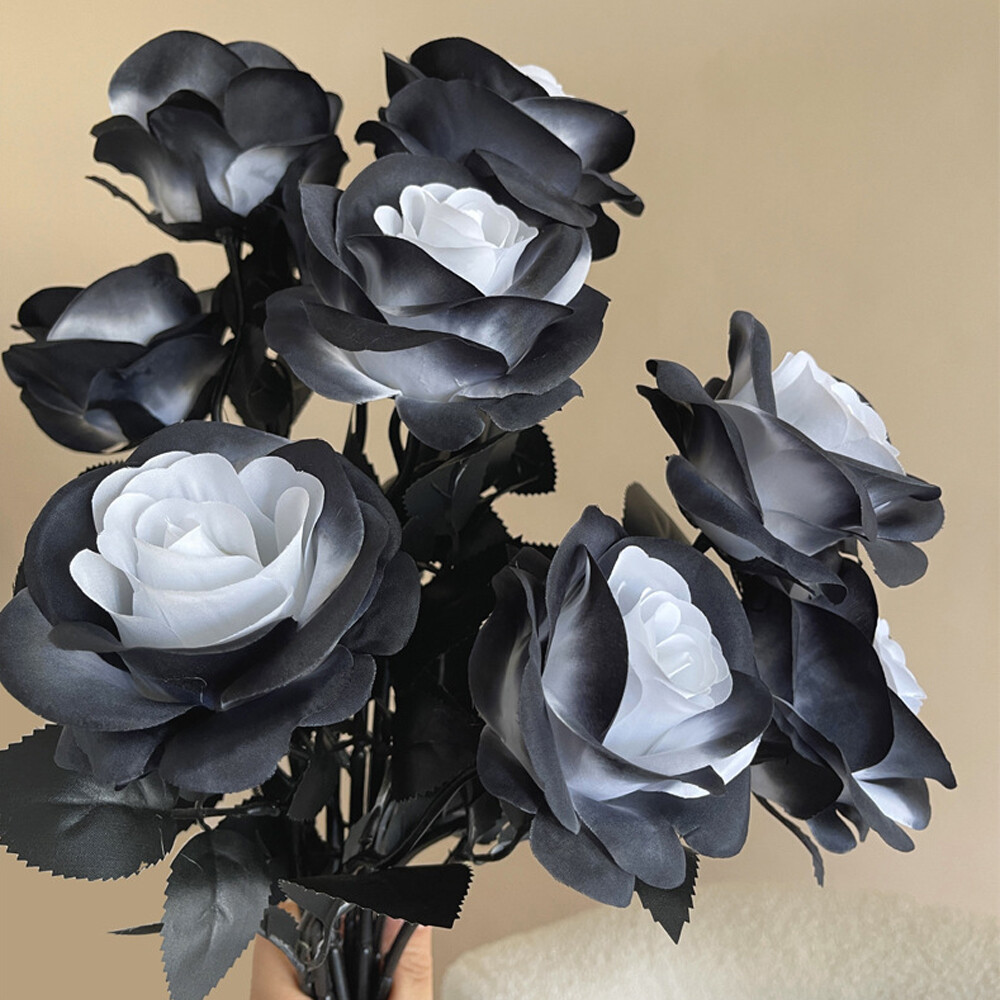 12pcs Artificial Flowers Black White Roses for Halloween Home Wedding Decor