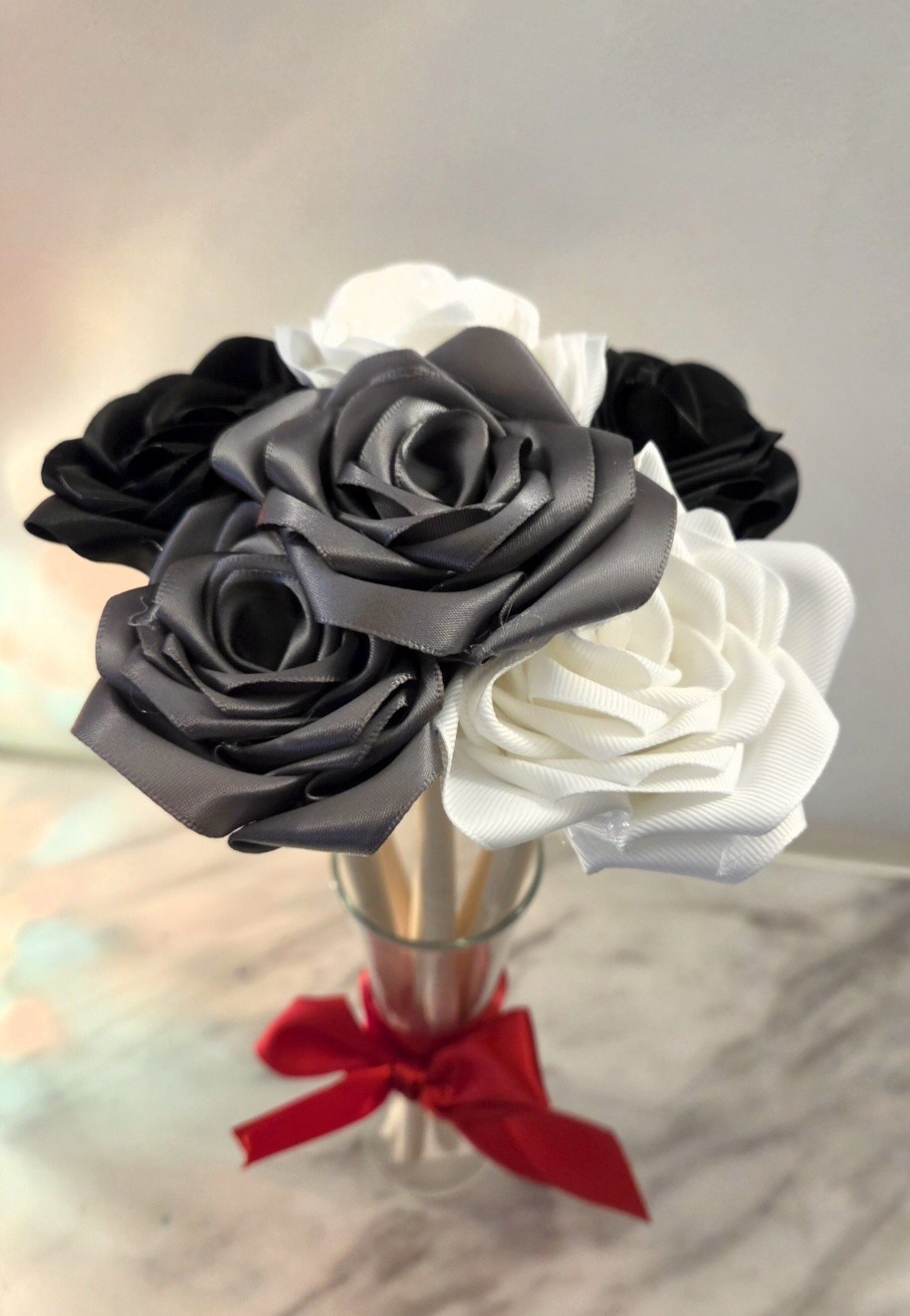Fabric Homemade Flower Bouquet In Glass Vase With Bow