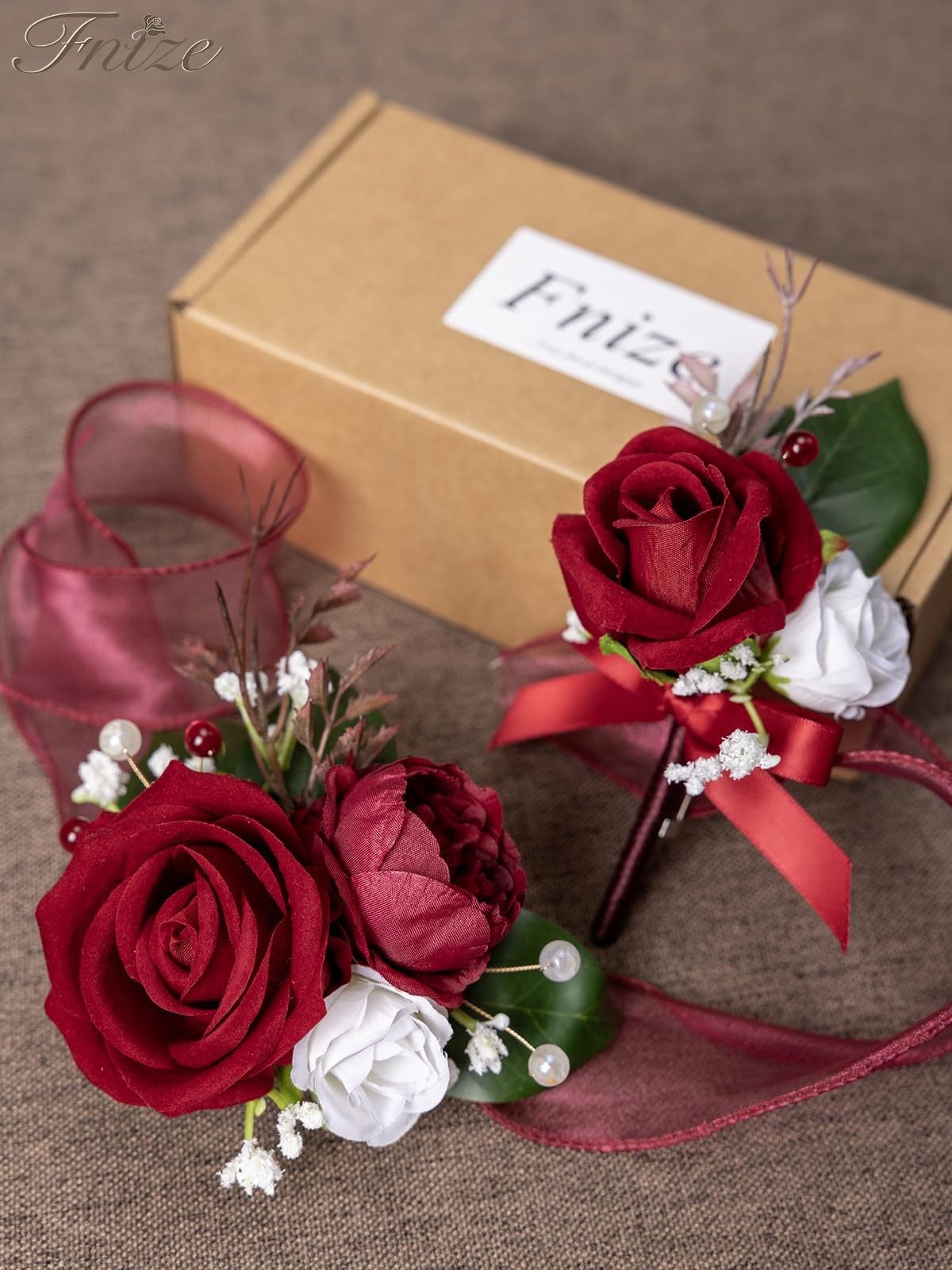 Red Silk Wrist Corsage Boutonniere Set Faux Rose Peony Wedding Prom Party