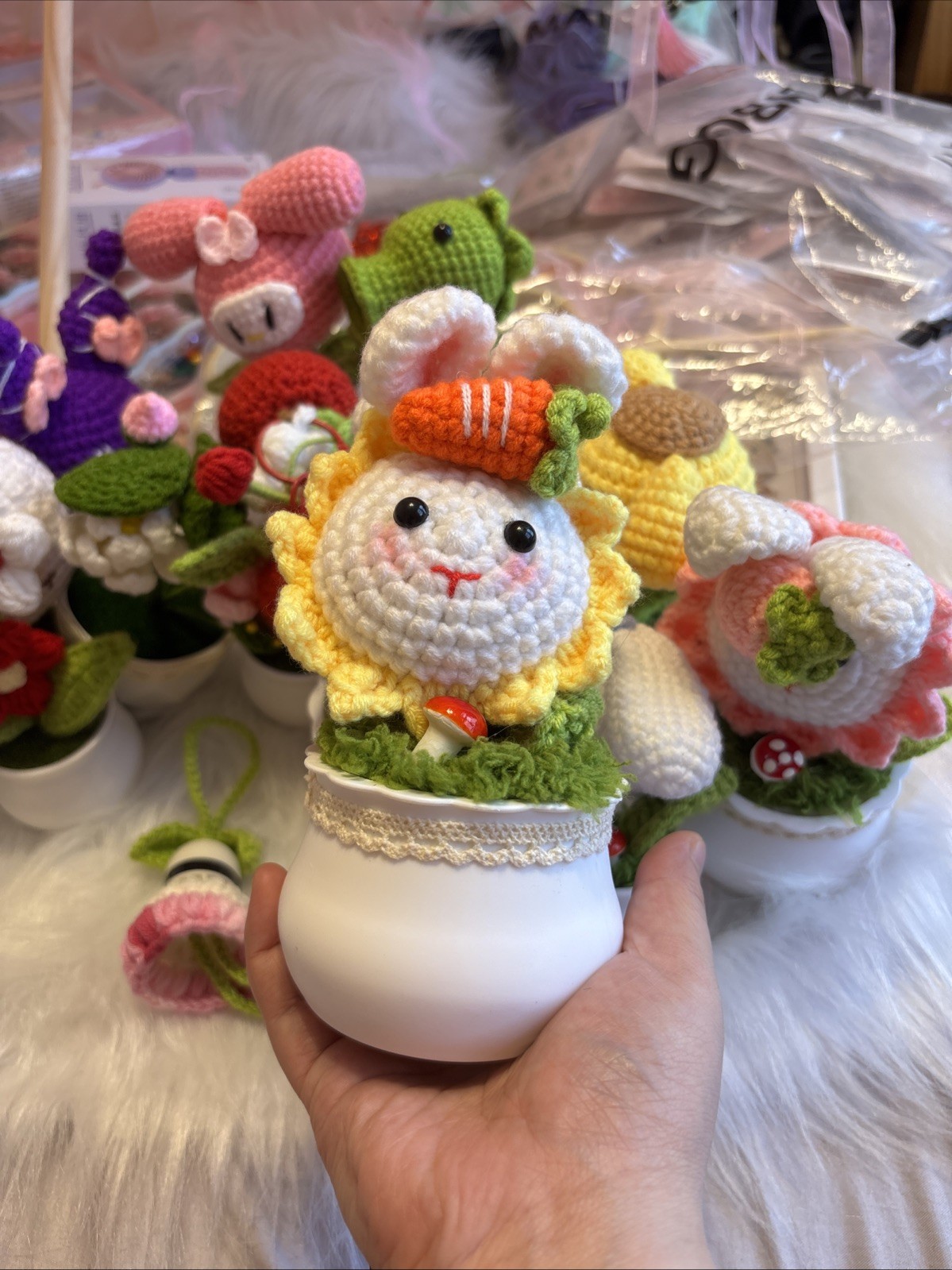 Handmade Crochet Bunny Sunflower Potted Plant Kawaii Fairycore Desk Decor Gift