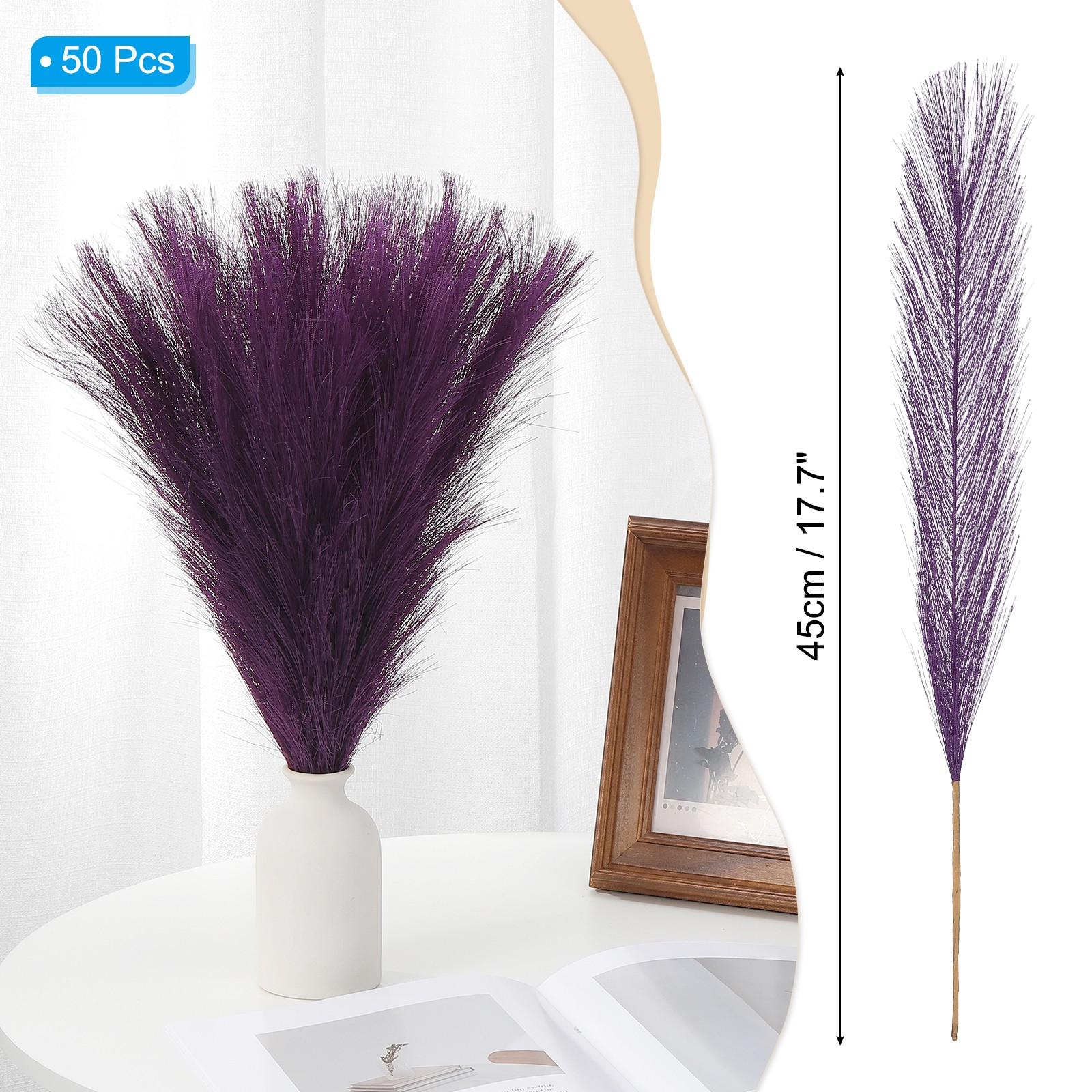 17.7in Pampas Grass Decor, 50pcs Artificial Pampas Grass Bulk, Dark Purple