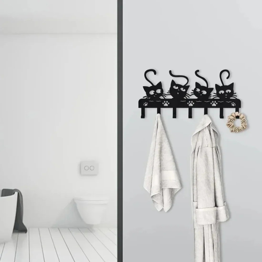 7-Claw Black Cat Halloween Key Holder – Iron Entryway Wall Decor Hooks