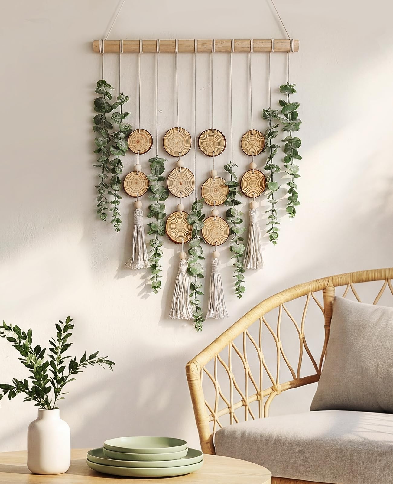 Artificial Eucalyptus Wall Hanging, Fake Greenery Leaves Stems with Wood Slic…