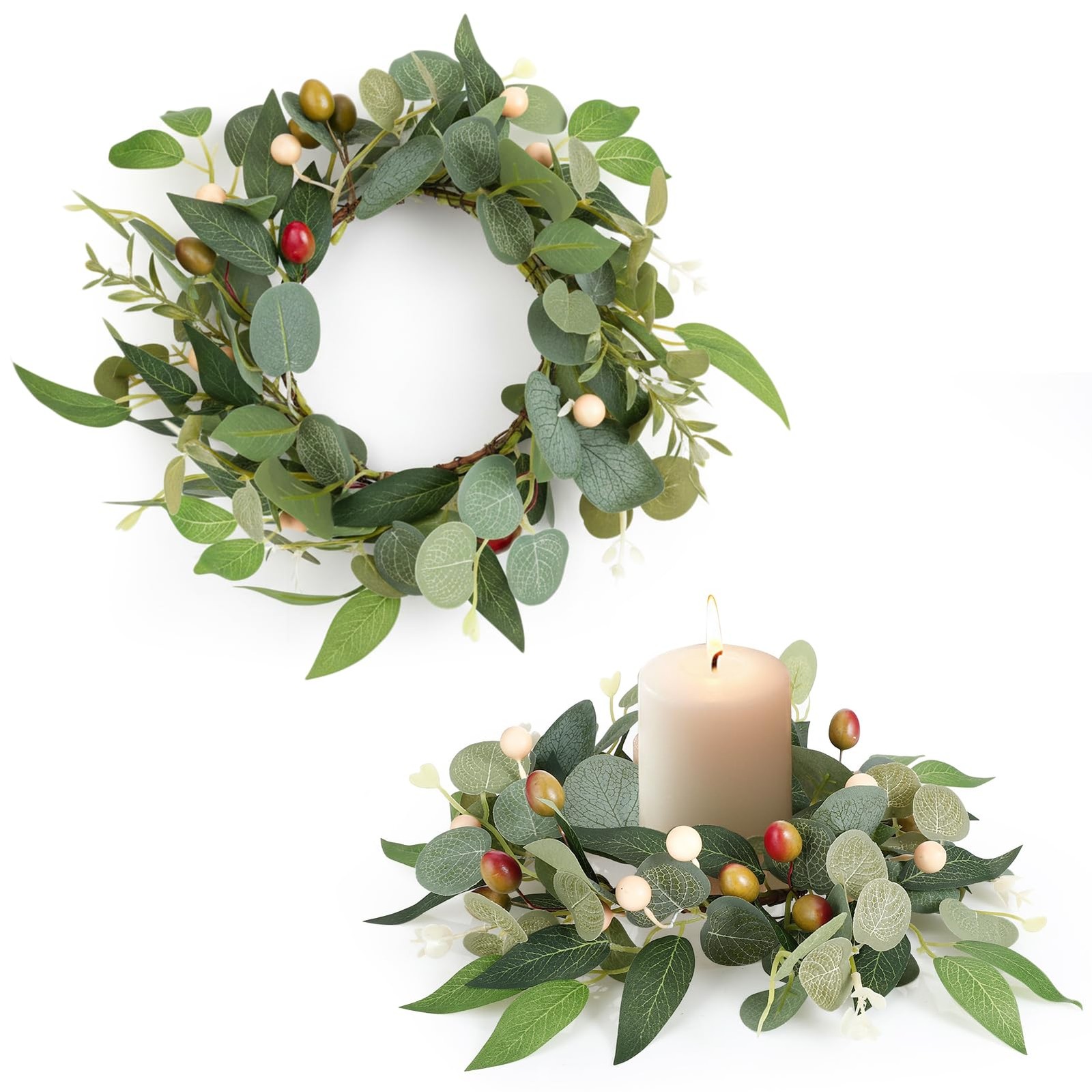 2 Pcs 4 Inch Mini Eucalyptus Wreaths for Candles, Summer Candle Rings with Ol…