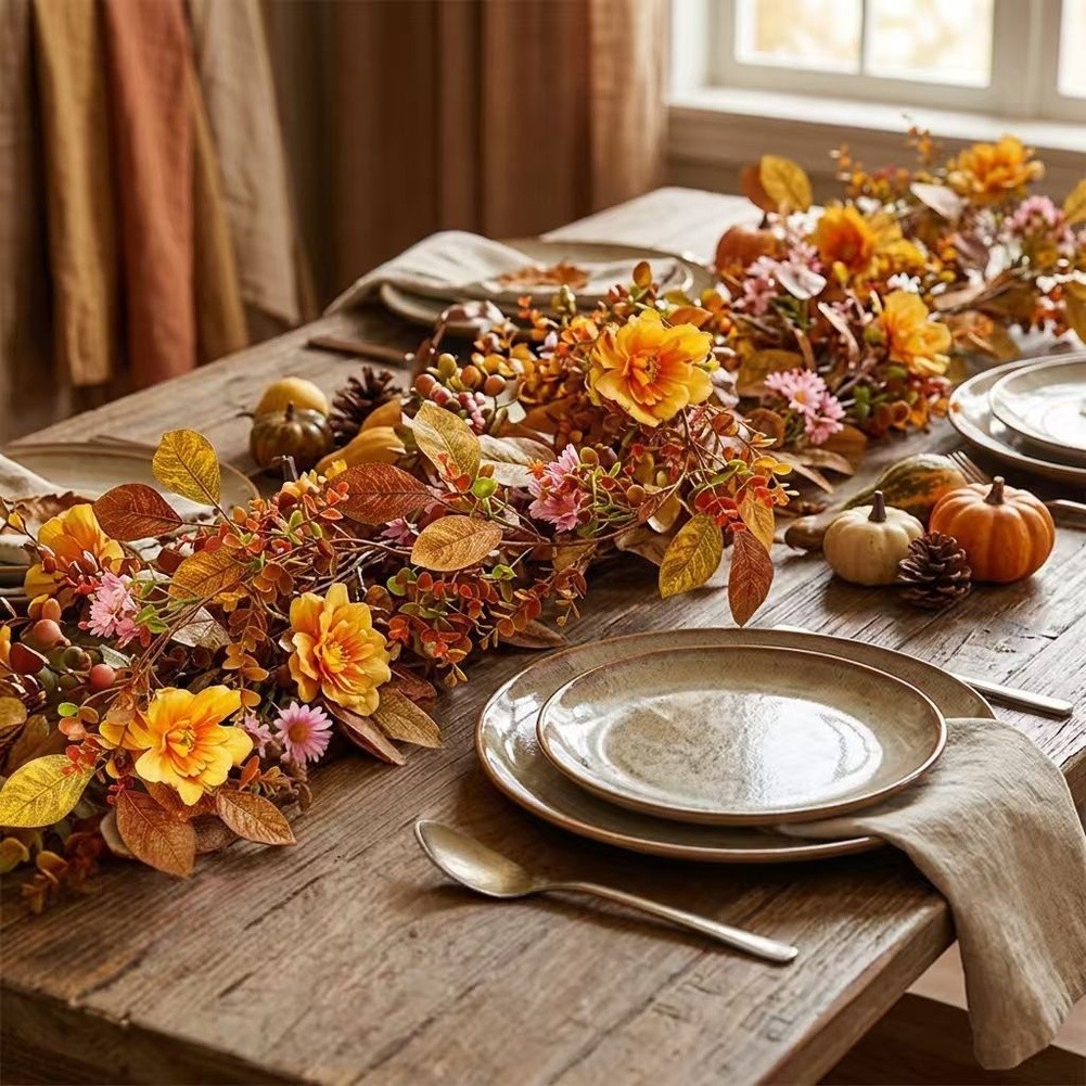 Seasonal Touch Autumn Floral Garland Orange Daisy Decor Waterproof Printed Cloth