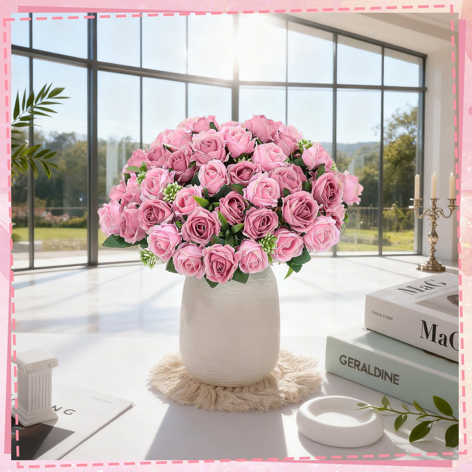 6 Stems 10 Heads Dusty Pink Artificial Silk Roses Bouquets with Leaf Faux Flo…