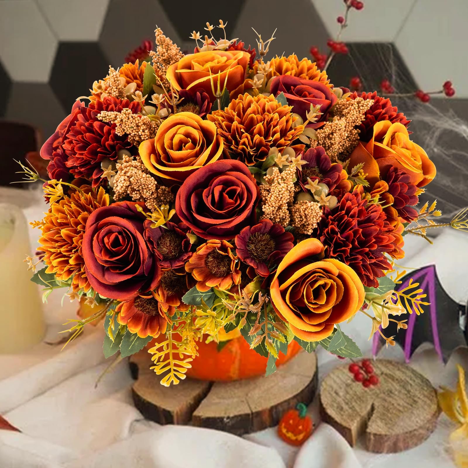 4 PCS Fall Silk Artificial Flowers Rose Bouquet Wedding Centerpiece Decor