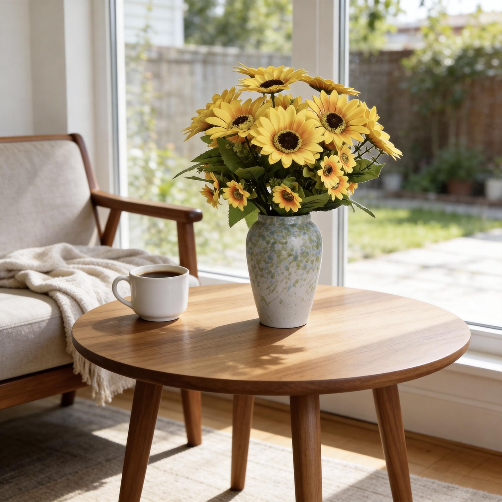 14″ Artificial Sunflowers Arrangement in Green & Blue Speckled Ceramic Vase â€“