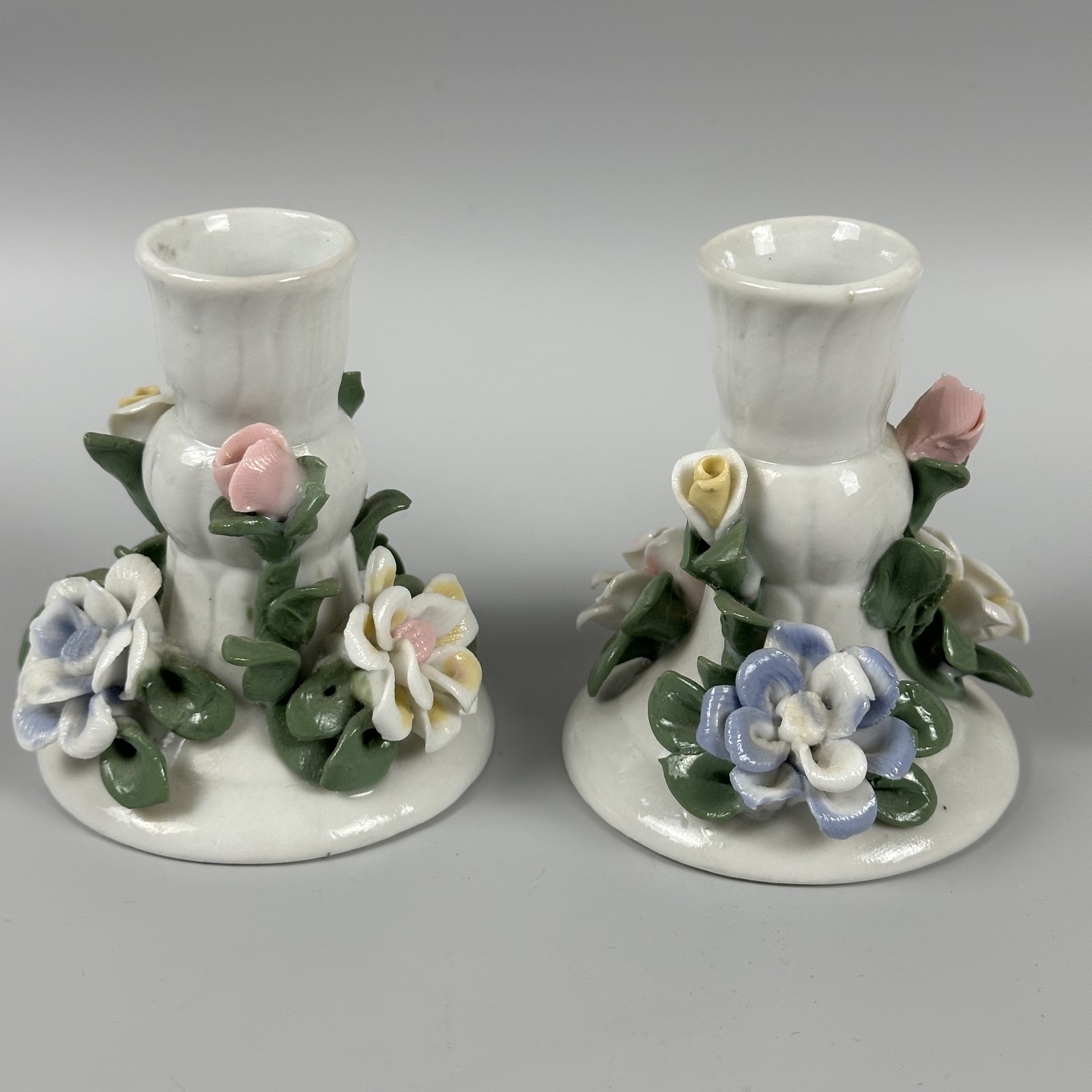 Vintage Ceramic Floral Candlestick Holders Set of 2 Pastel Flowers Made in China