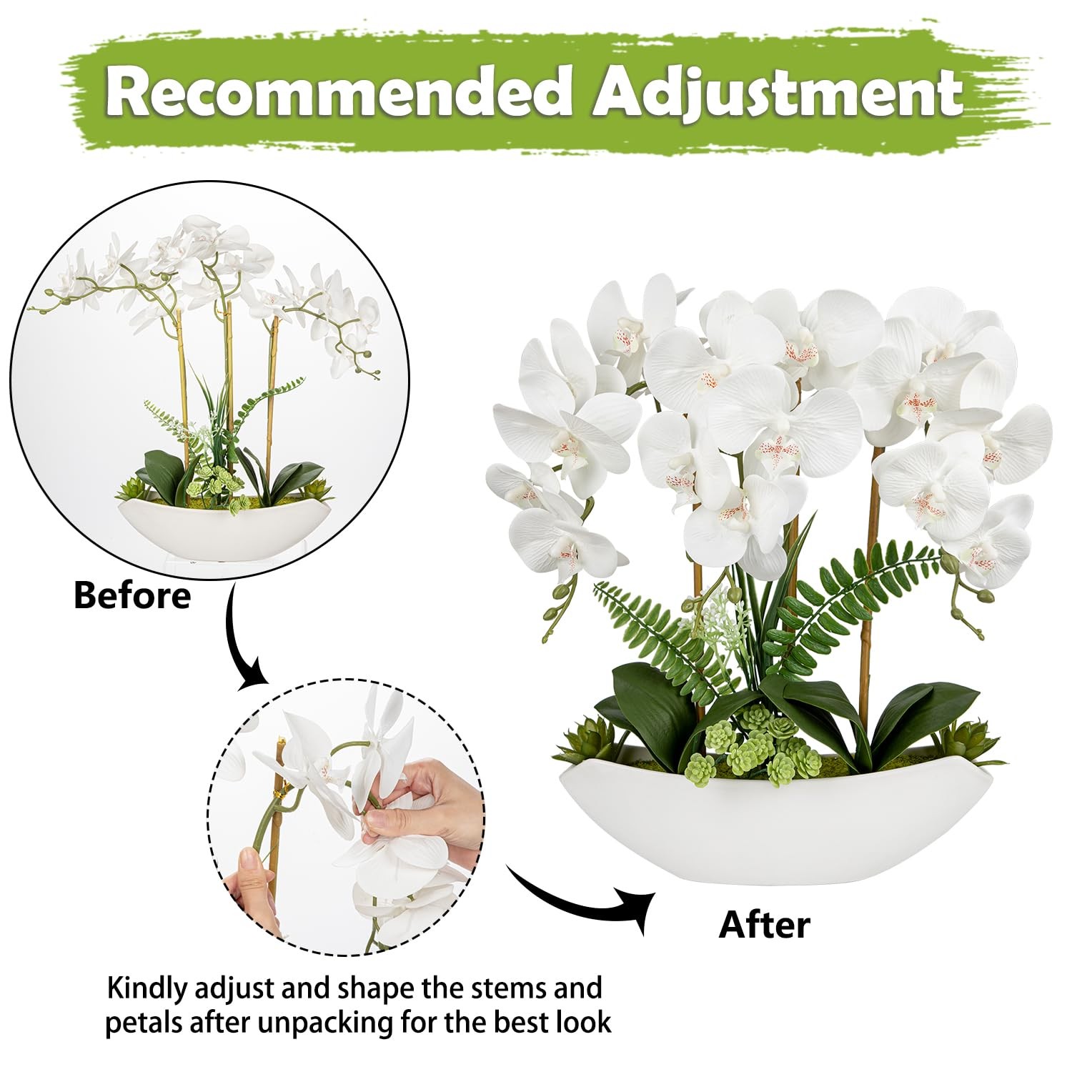 Orchid Artificial Flowers 18in White Fake Orchid Silk Flowers with Ceramic Po…