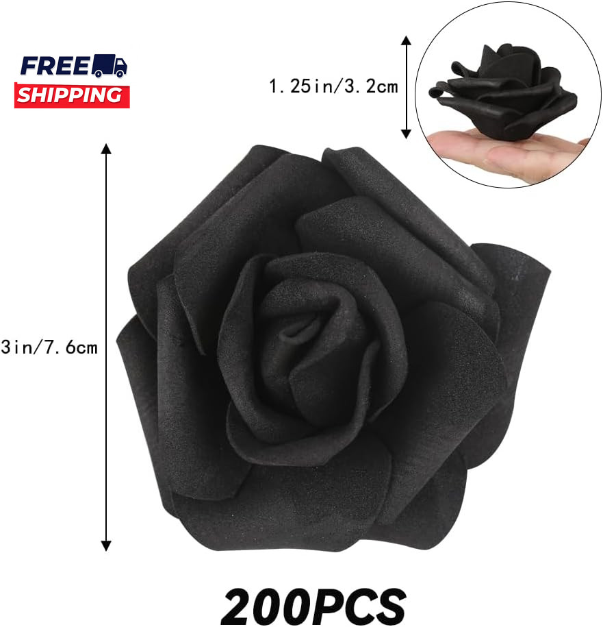 200Pcs Black Artificial Foam Rose Flower Head, 3-Inch Fake Flower Heads Stemless