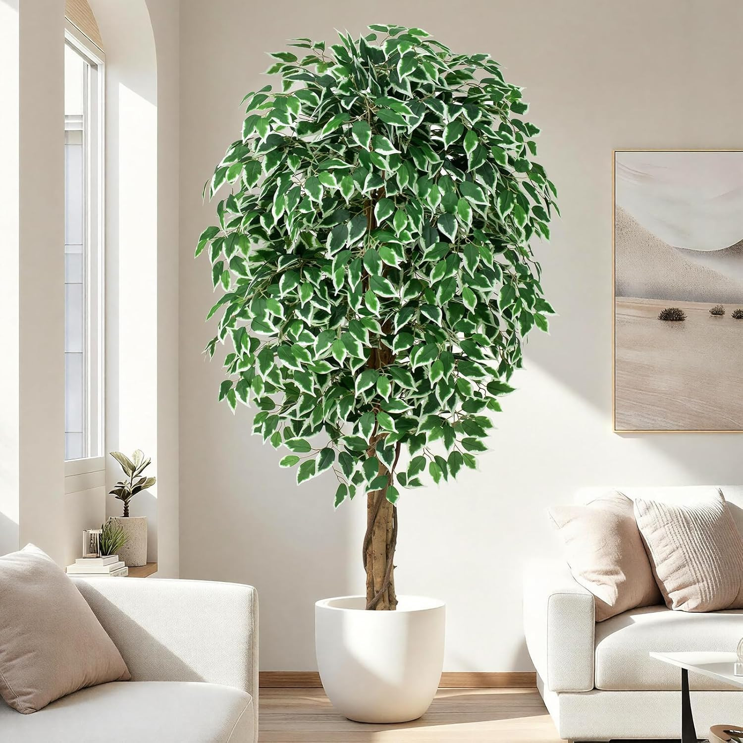 6.2Ft Lifelike Ficus Artificial Tree with 3 Curved Trunks for Home Decor