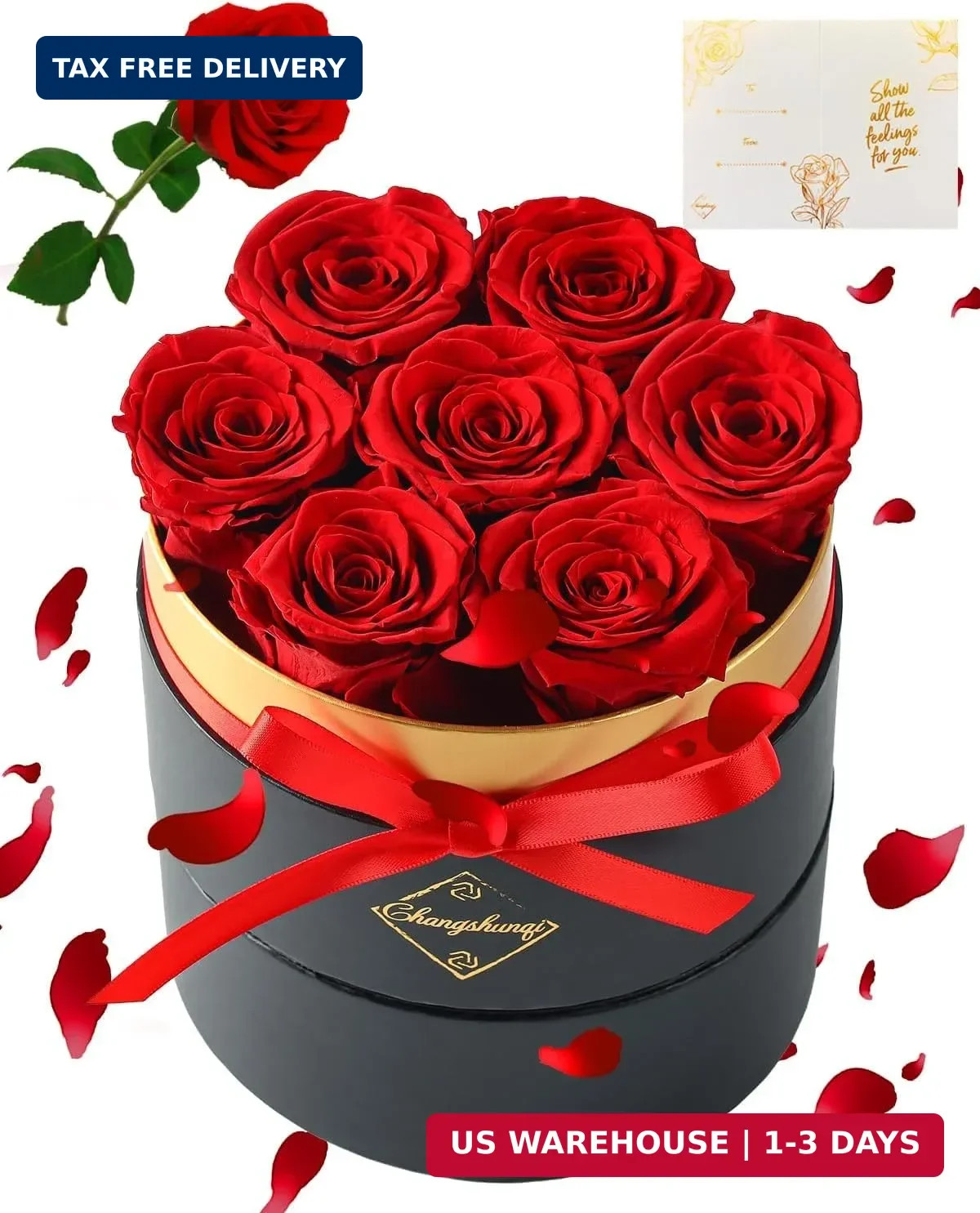 Changshunqi Forever Flowers Preserved Roses in a Box – 7 Preserved Flowers in a
