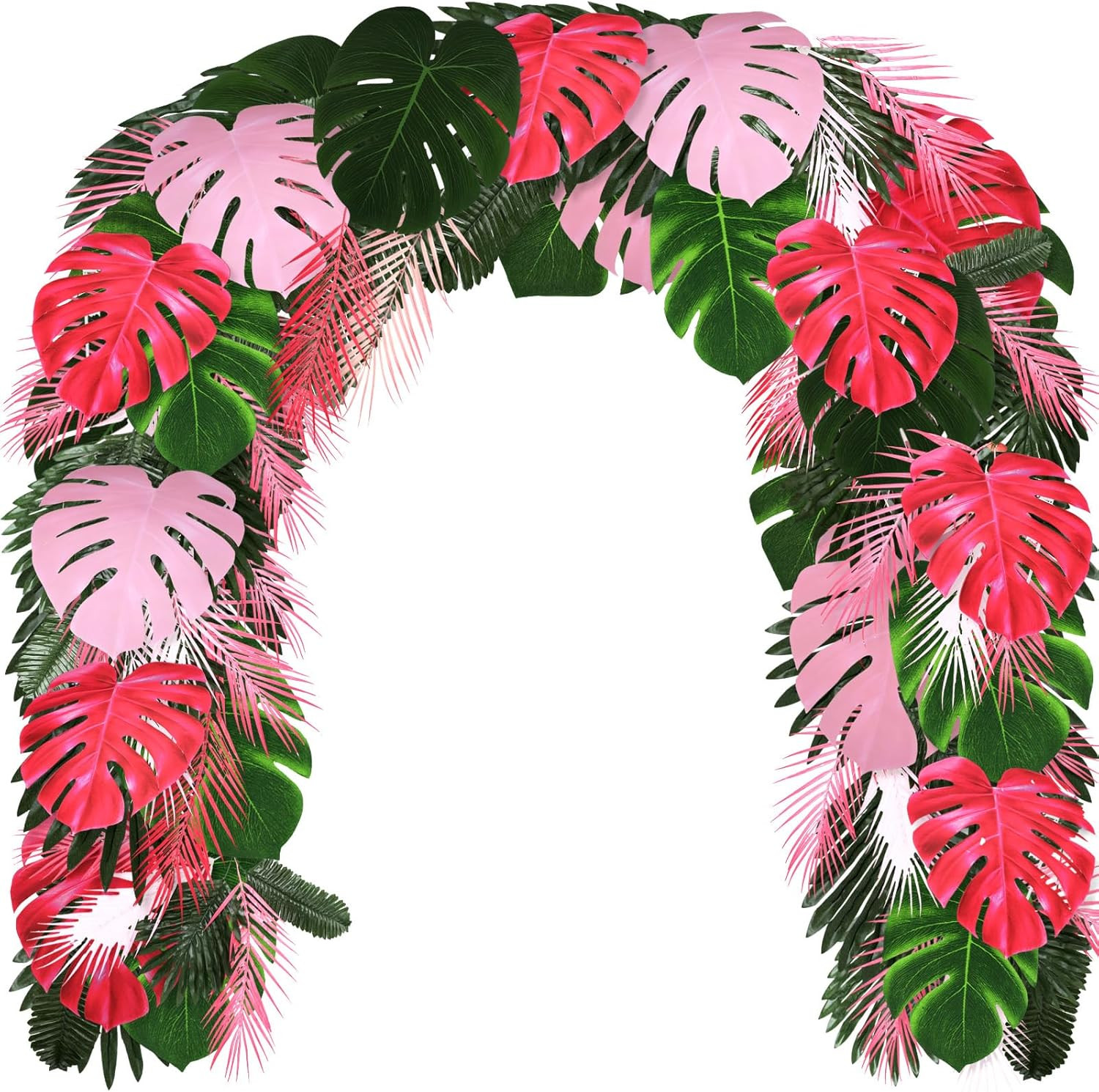 46 Pcs Tropical Artificial Palm Leaves Monstera Decoration Green Hot Pink Set fo