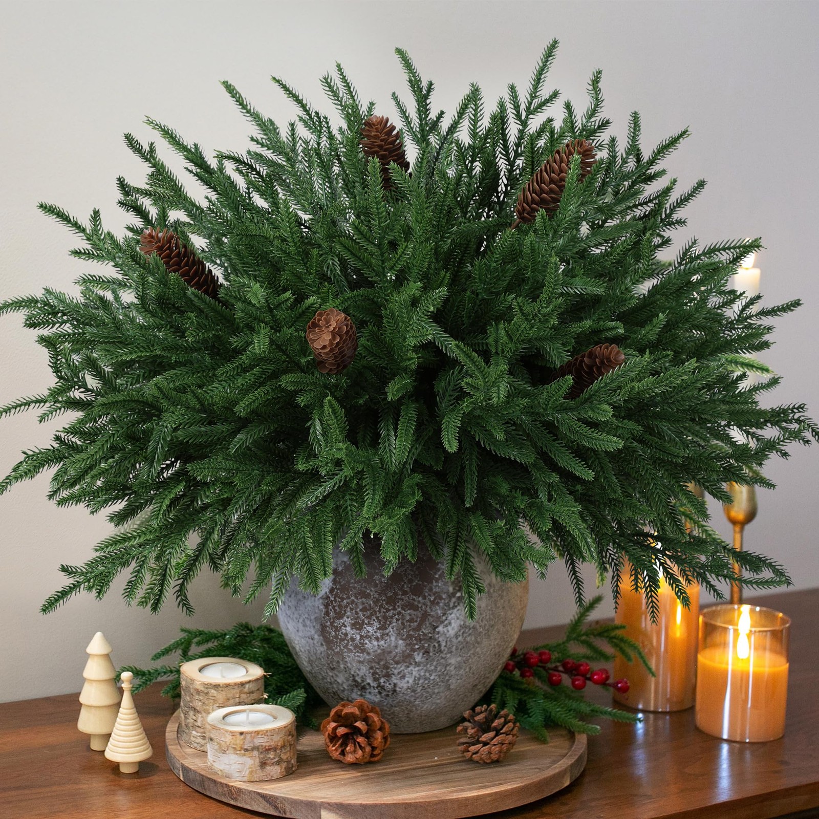 19 Inch Christmas Norfolk Pine Stems, 12PCS Real Touch Faux Cedar Pine with 5…