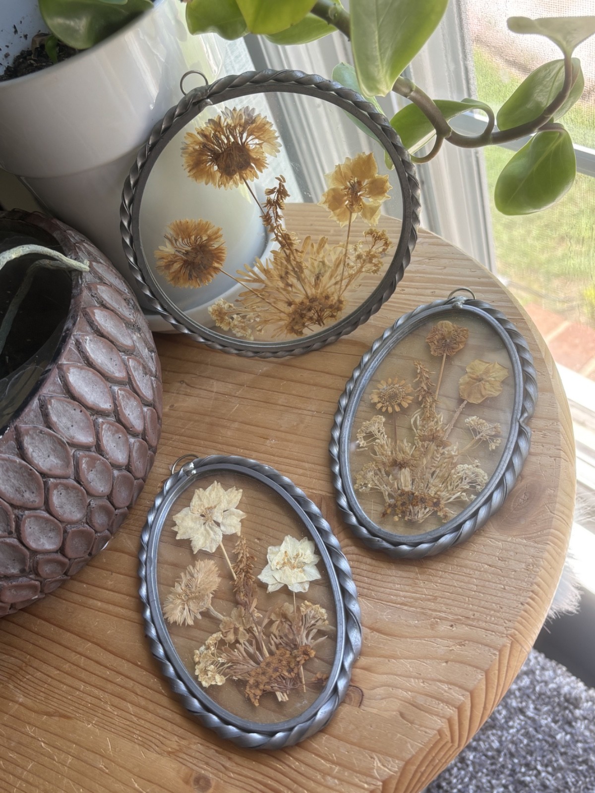 Vintage Set of 3 Real Dried Pressed Flowers In Glass Pewter Frames