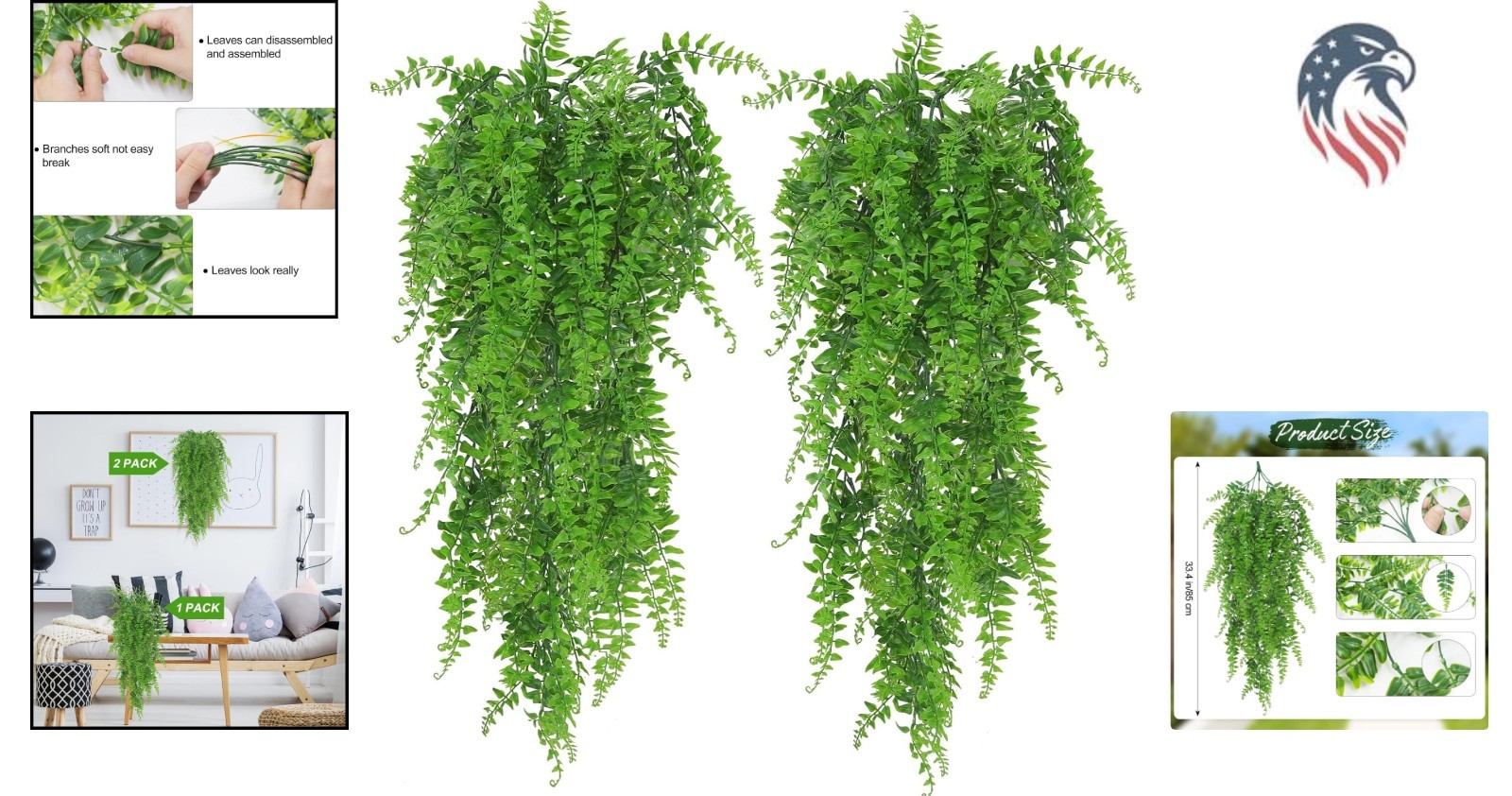 Artificial Hanging Fern Plants Faux Ivy Vines Indoor Outdoor Decor 2 Pack