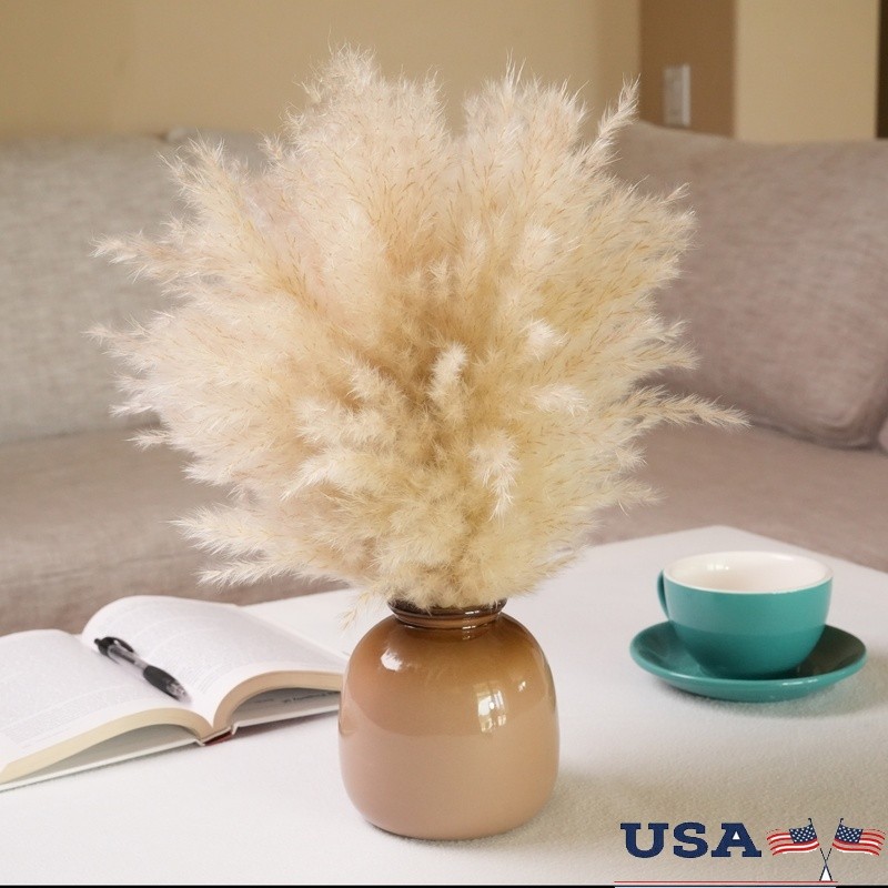 Dried Pampas Grass Arrangement in Brown Ceramic Vase Natural Home Office Decor