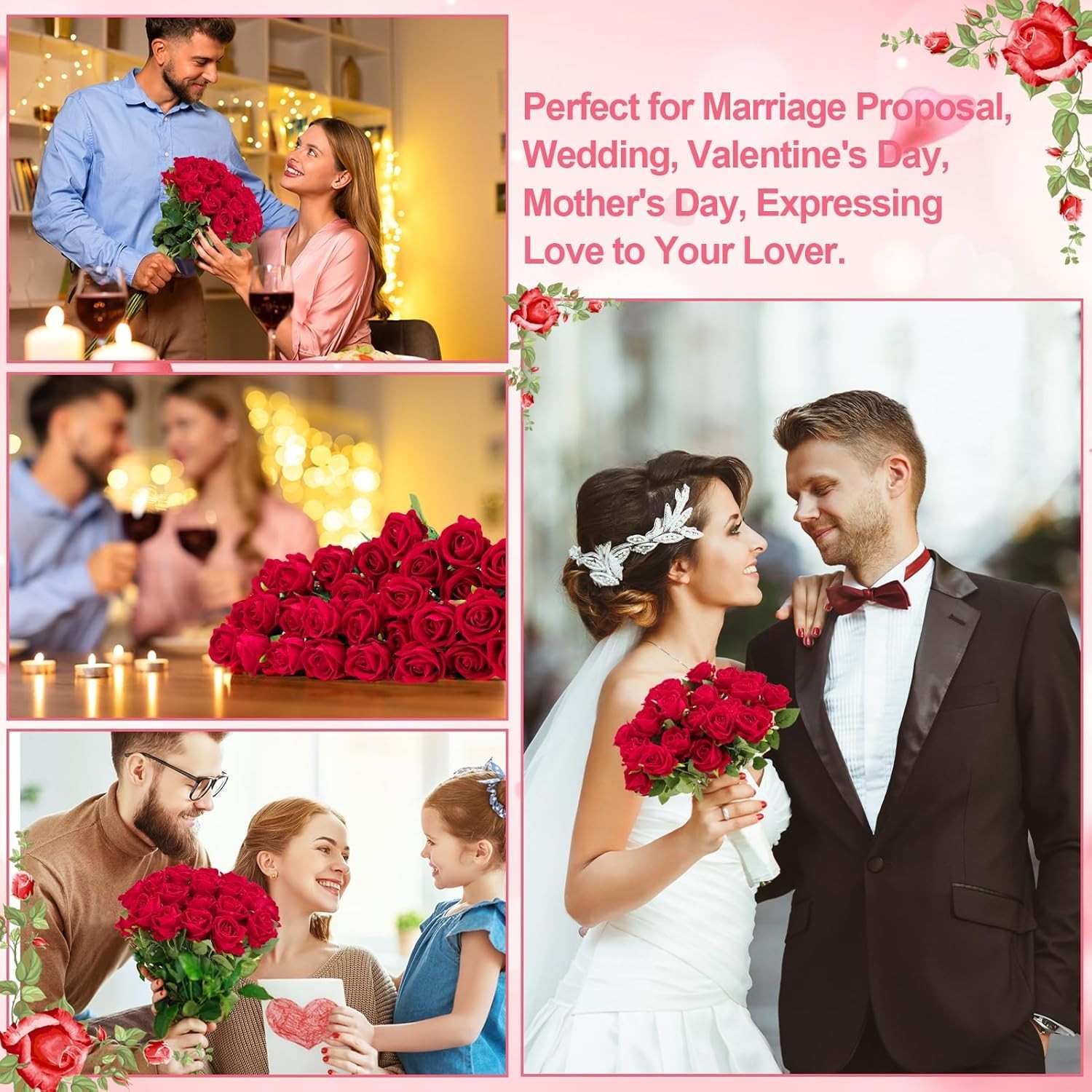 Realistic Red Rose Bouquet 36 Pcs Velvet Silk Flowers for Event Centerpieces