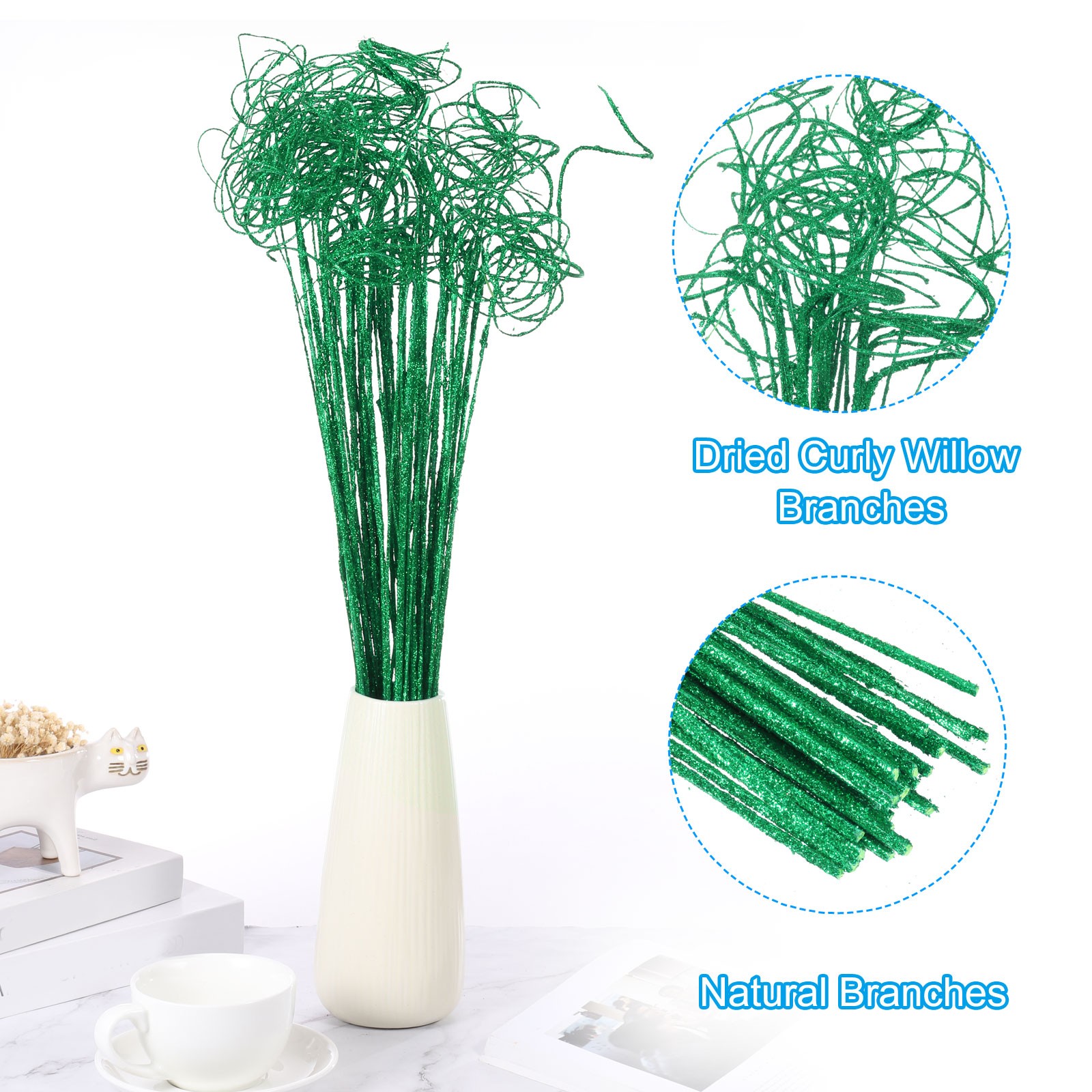 30 Pcs Glitter Dried Curly Willow Branches Natural Branches Twigs, Green