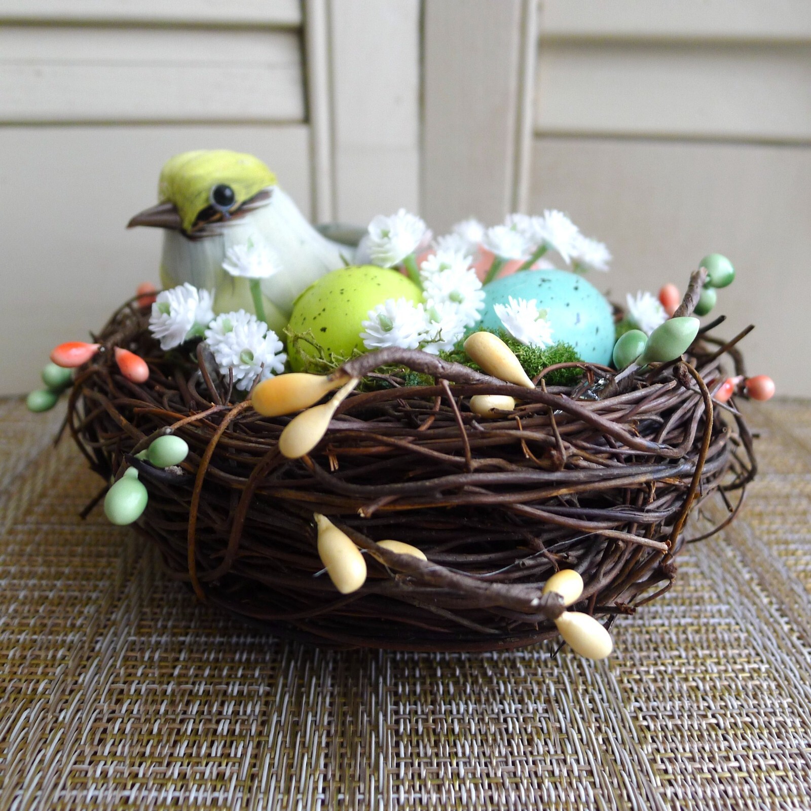 Bird’s Nest Spring Decor with Eggs, Berries, Baby’s Breath Handmade for Tabletop