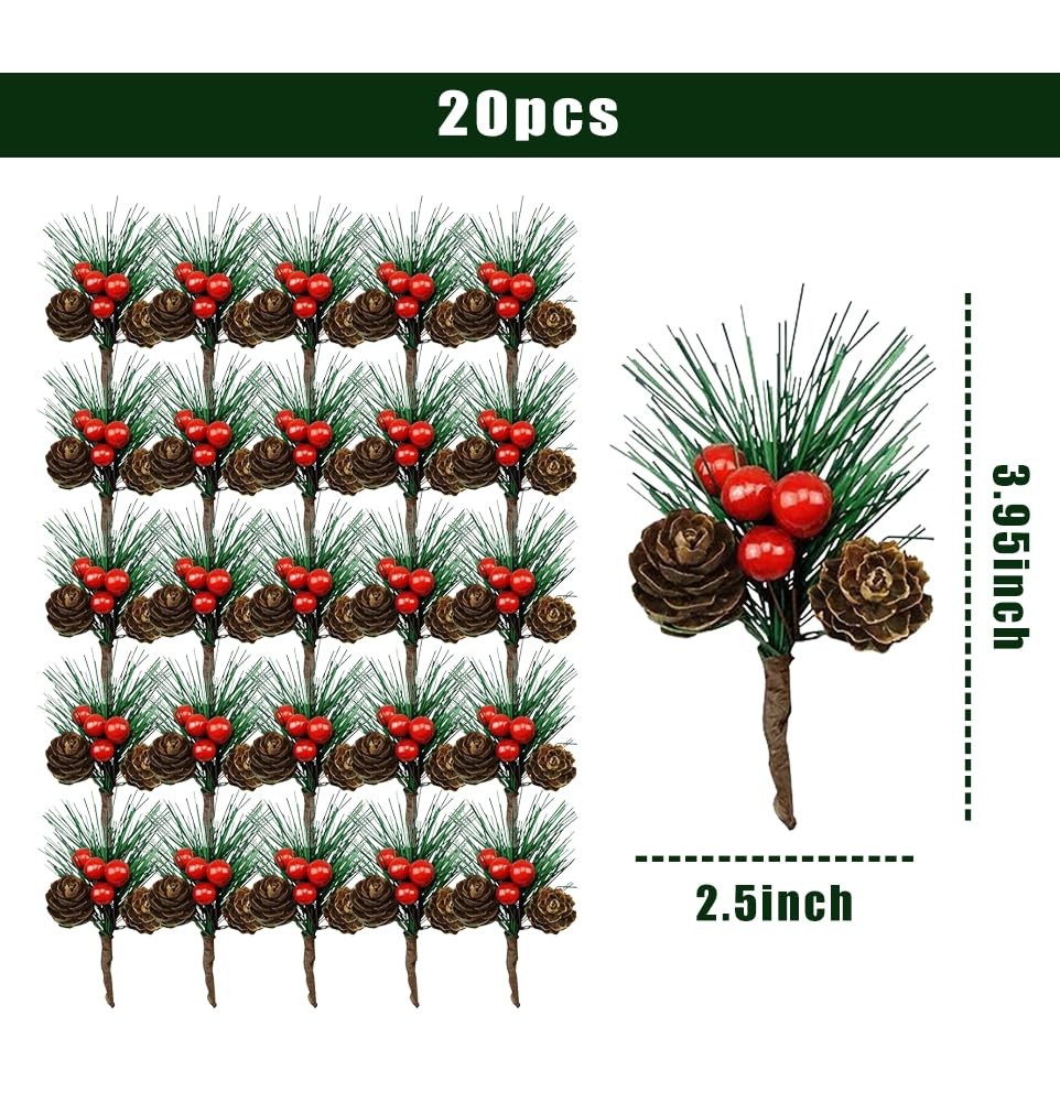 20PCS Artificial Red Berry Pine Picks Pine Needles Branches with Red Berry St…