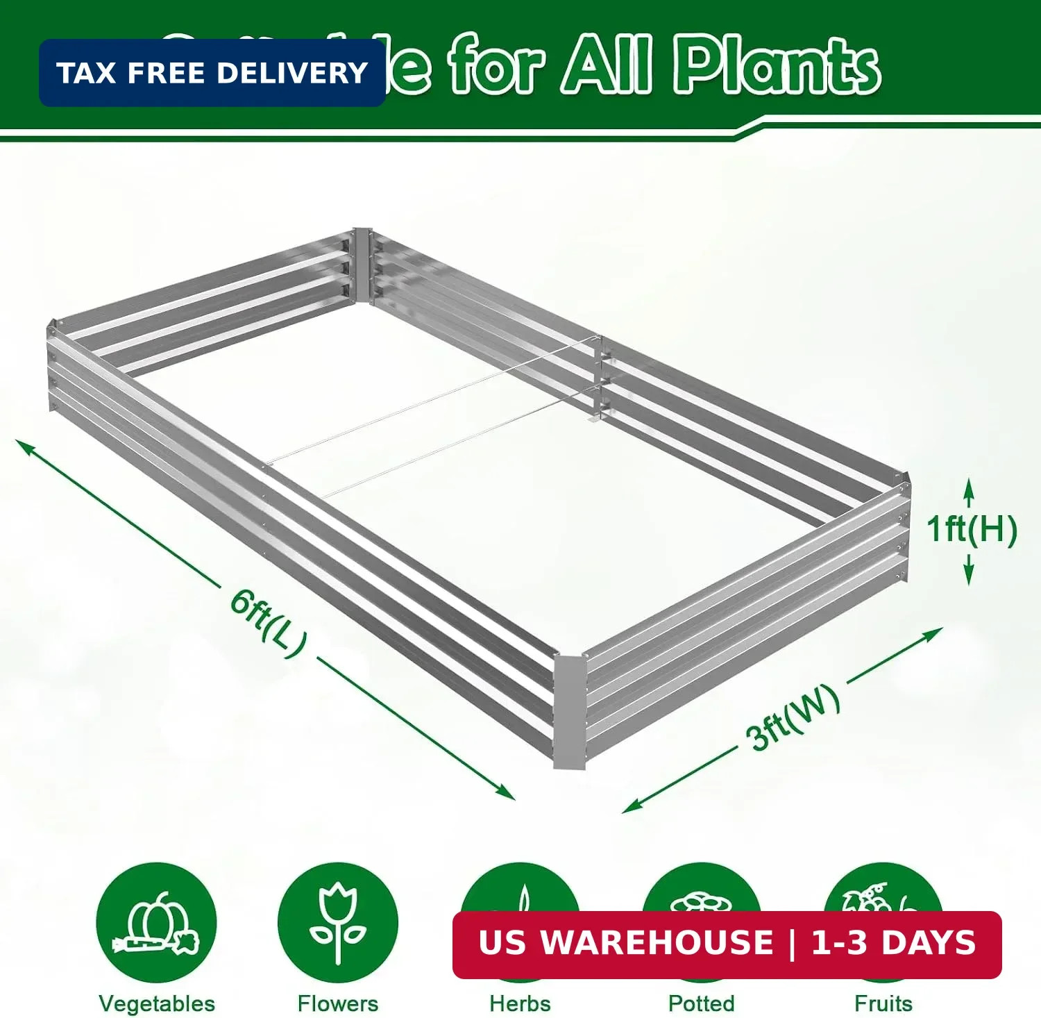 6x3x1FT Galvanized Raised Garden Bed, Metal Planter, Silver,1 Pack | Thick Galva