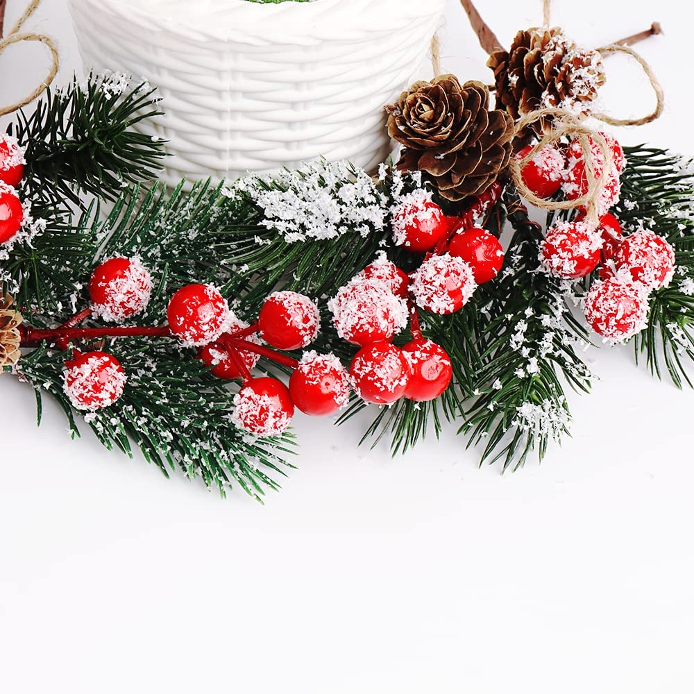 FUTERLY 10 PCS Holly Berry Stems Pine Cones for Crafts,Red Faux Berry Stems G…