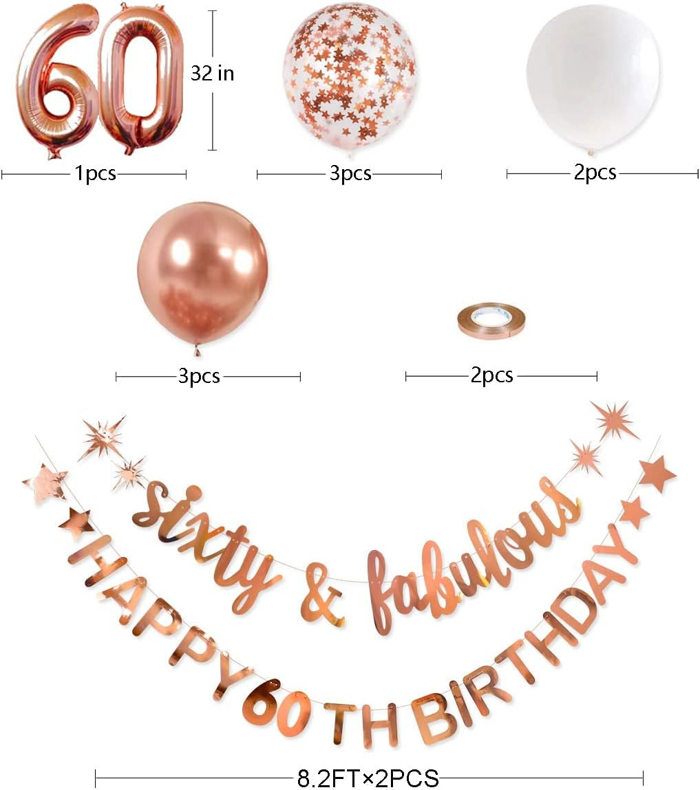 Rose Gold Sixty & Fabulous Happy 60Th Birthday Banner Garland Foil Balloon 60 fo