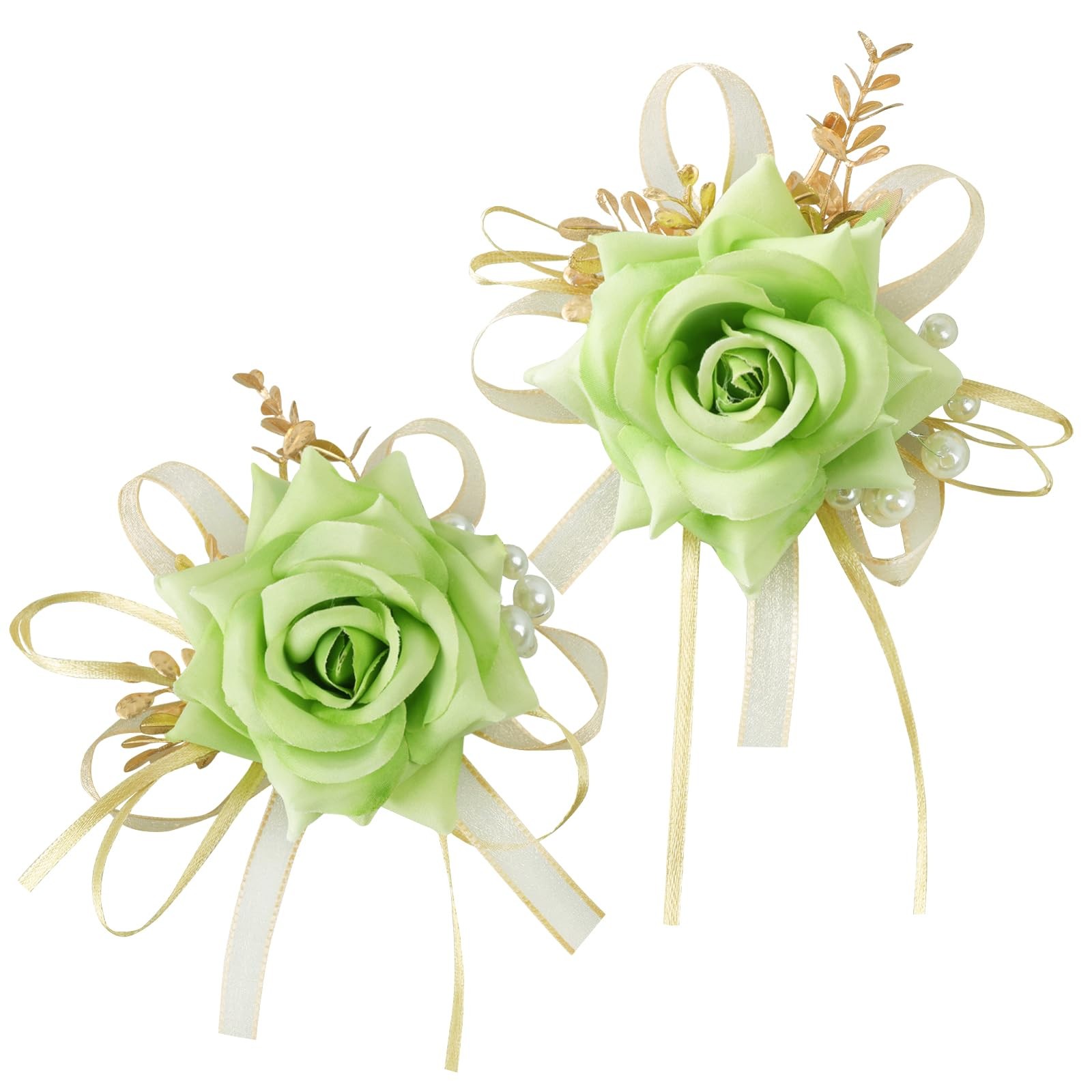 2 PCS Light Green Wrist Corsage Boutonniere Set Artificial Flowers Prom Wed