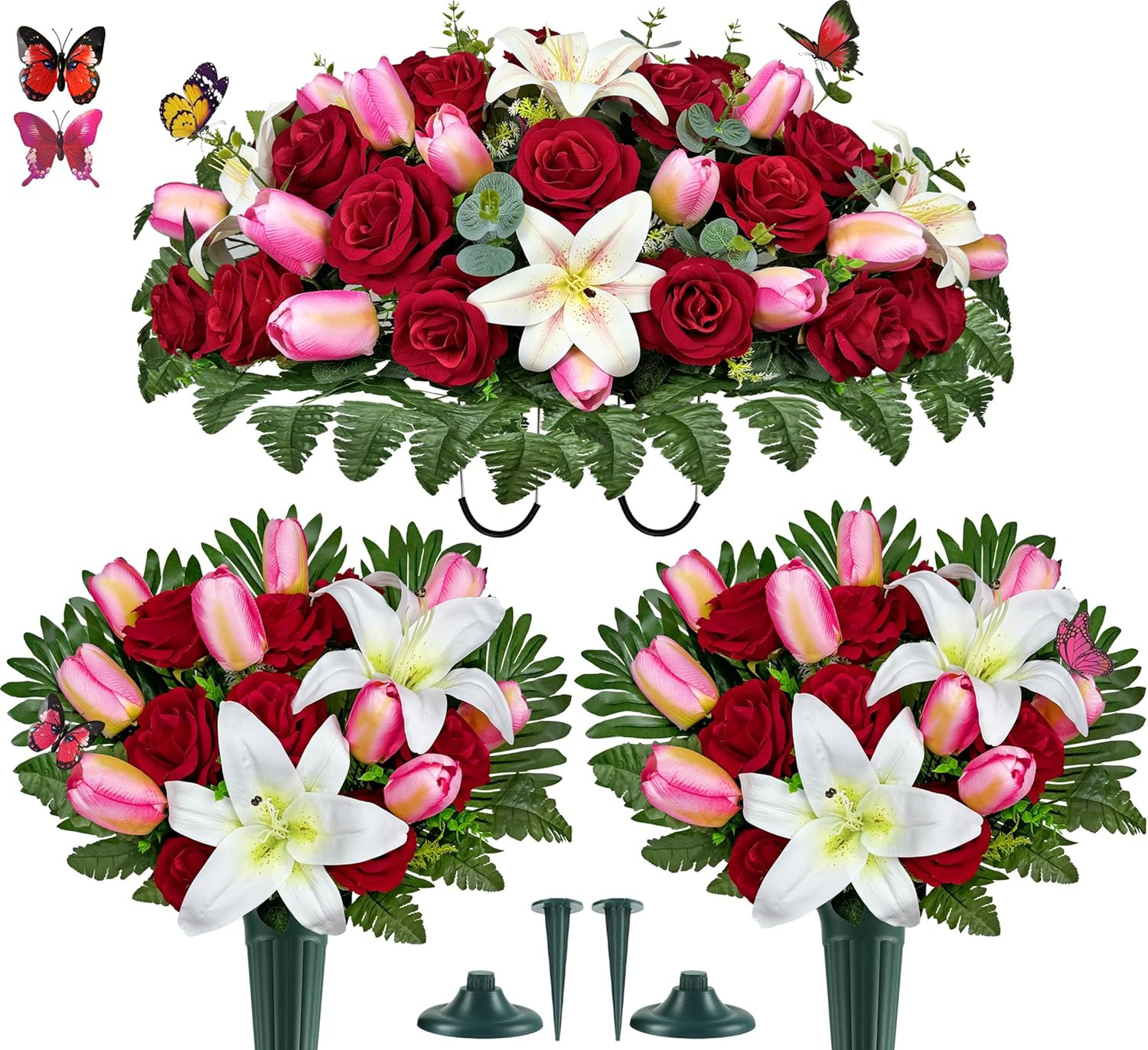 Realistic Silk Cemetery Flowers – Pink Tulip, White Lily, Red Rose Saddle Decor