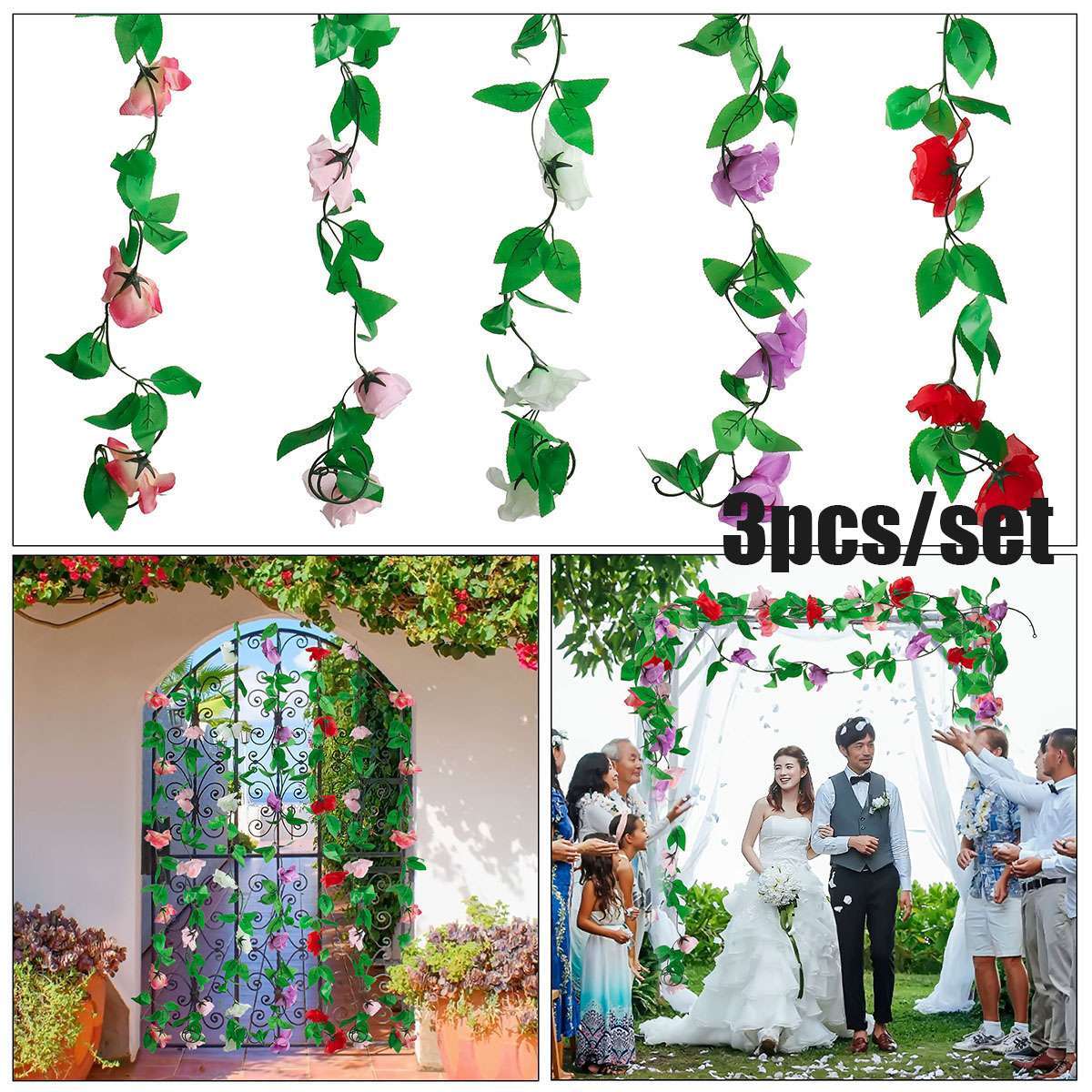 3Pack 7.5Ft Flower Garland Fake Rose Vine Artificial Flower Hanging Ivy Floral