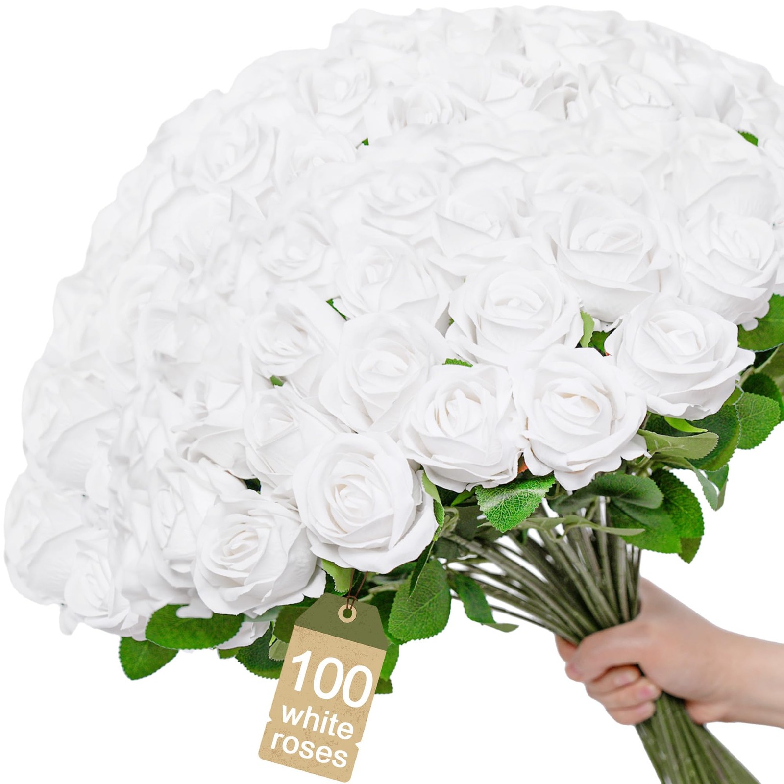 [100]Pcs Realistic Artificial flowers White Roses Bulk, Silk Flowers for wedd…