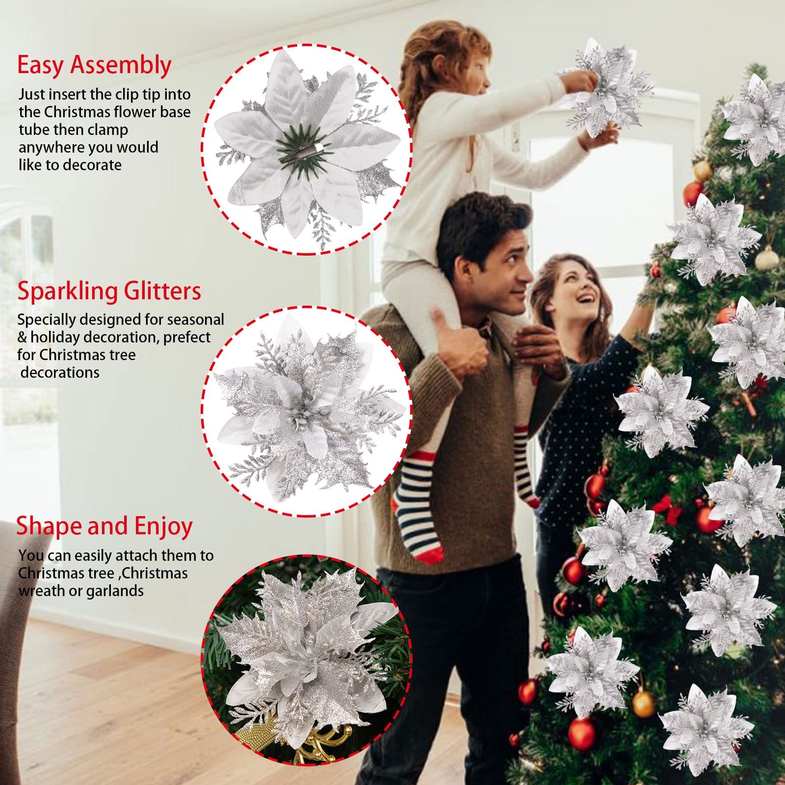 Greentime 12 Pcs 14cm / 5.5in Silver Poinsettia Artificial Flowers with Clips
