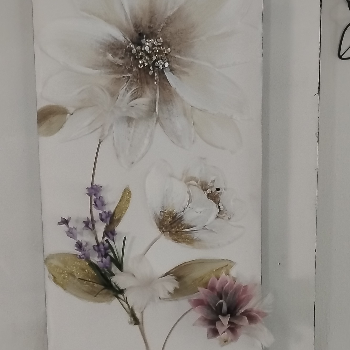 2 Artificial Floral Wall Decor Panel Arrangement, White Gold Pink Purple Green