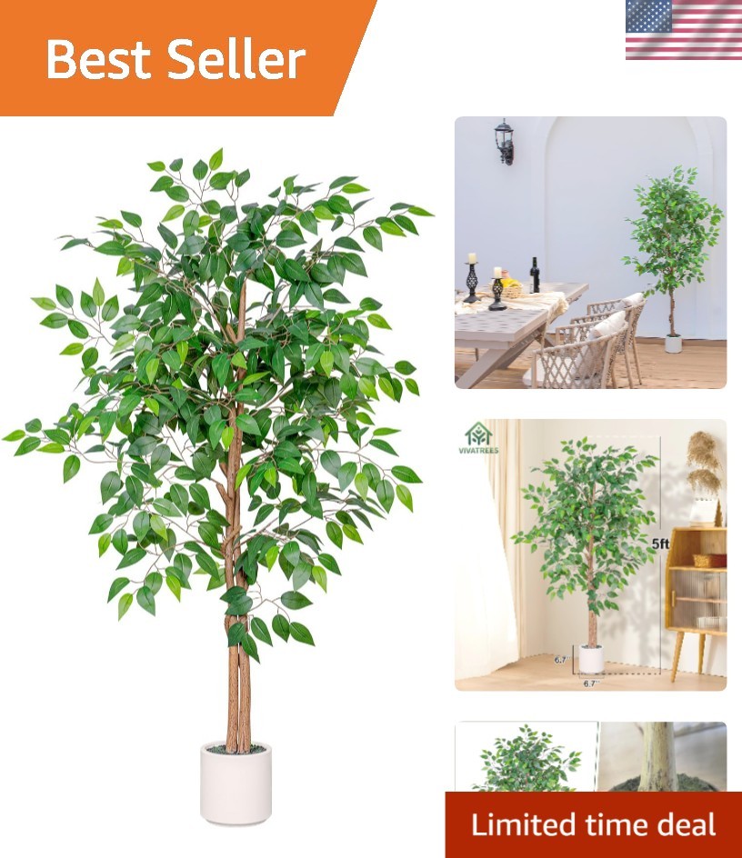 Realistic 5FT Artificial Ficus Tree in White Planter – Perfect -Round Decor