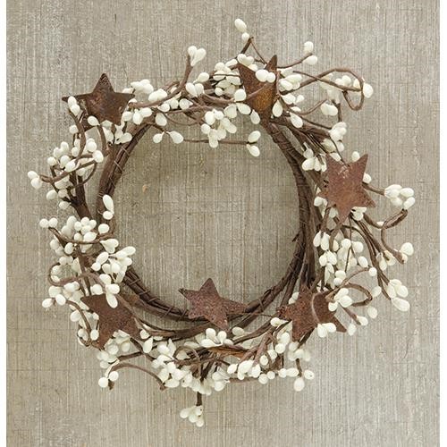 NEW PRIMITIVE Berry Wreath Candle Rings 2pcs Rust Stars 4″ IVORY Pips Farmhouse