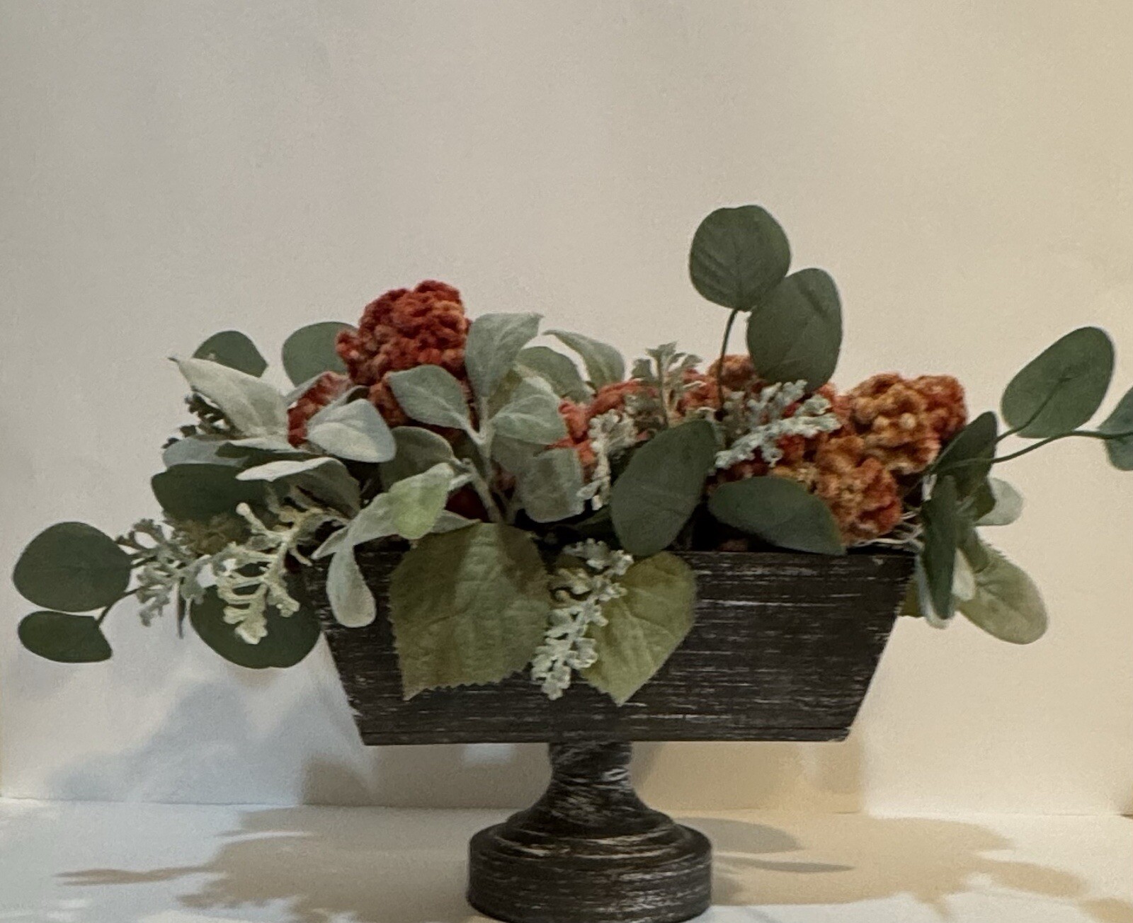 Orange Dried Floral Centerpiece Decor & Faux Green Leaves Metal Base Wooden Box