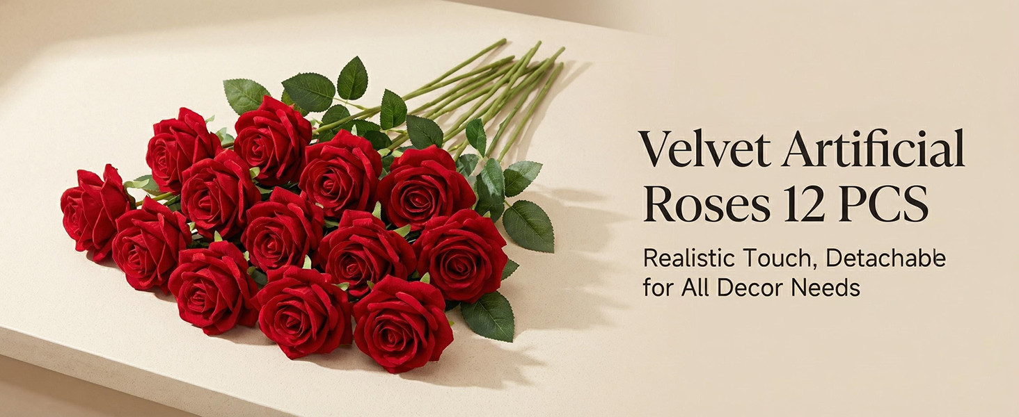 12 Pcs Red Roses Artificial Flowers, Real Touch Fake Velvet Flowers with Stems