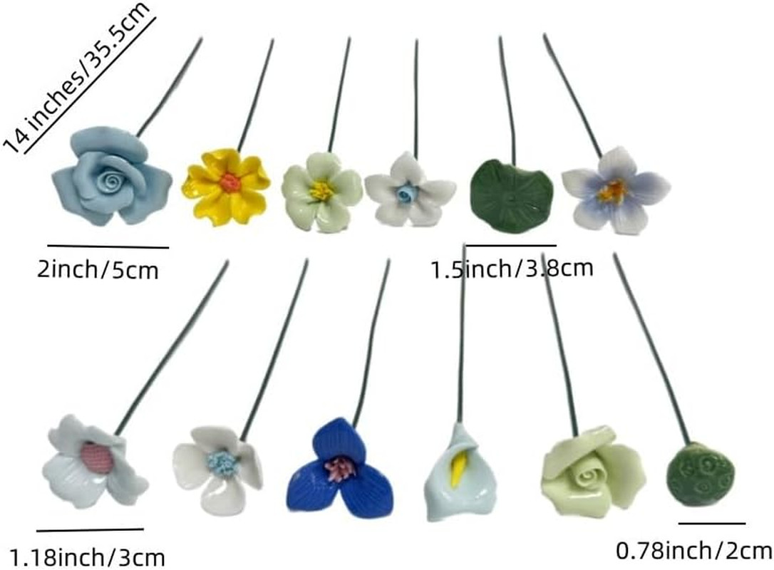 12 Pcs Handmade Ceramic Flowers Decor,Porcelain Flower Plant Stakes for Outdoor