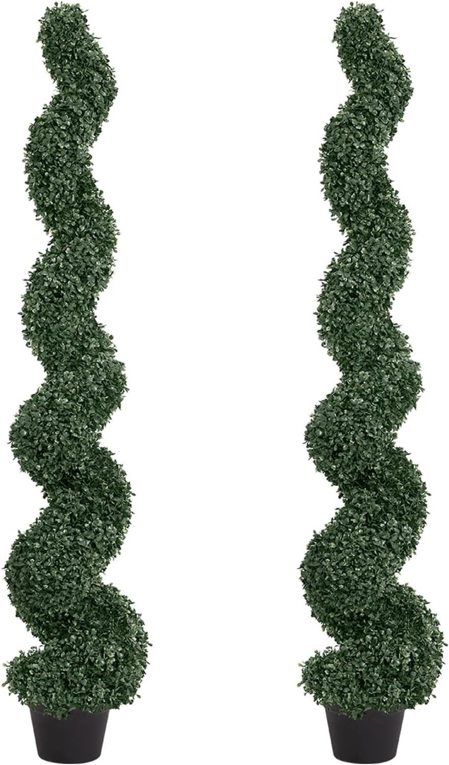 5Ft Artificial Spiral Topiary Trees – Set of 2 Faux Boxwood Potted Plants