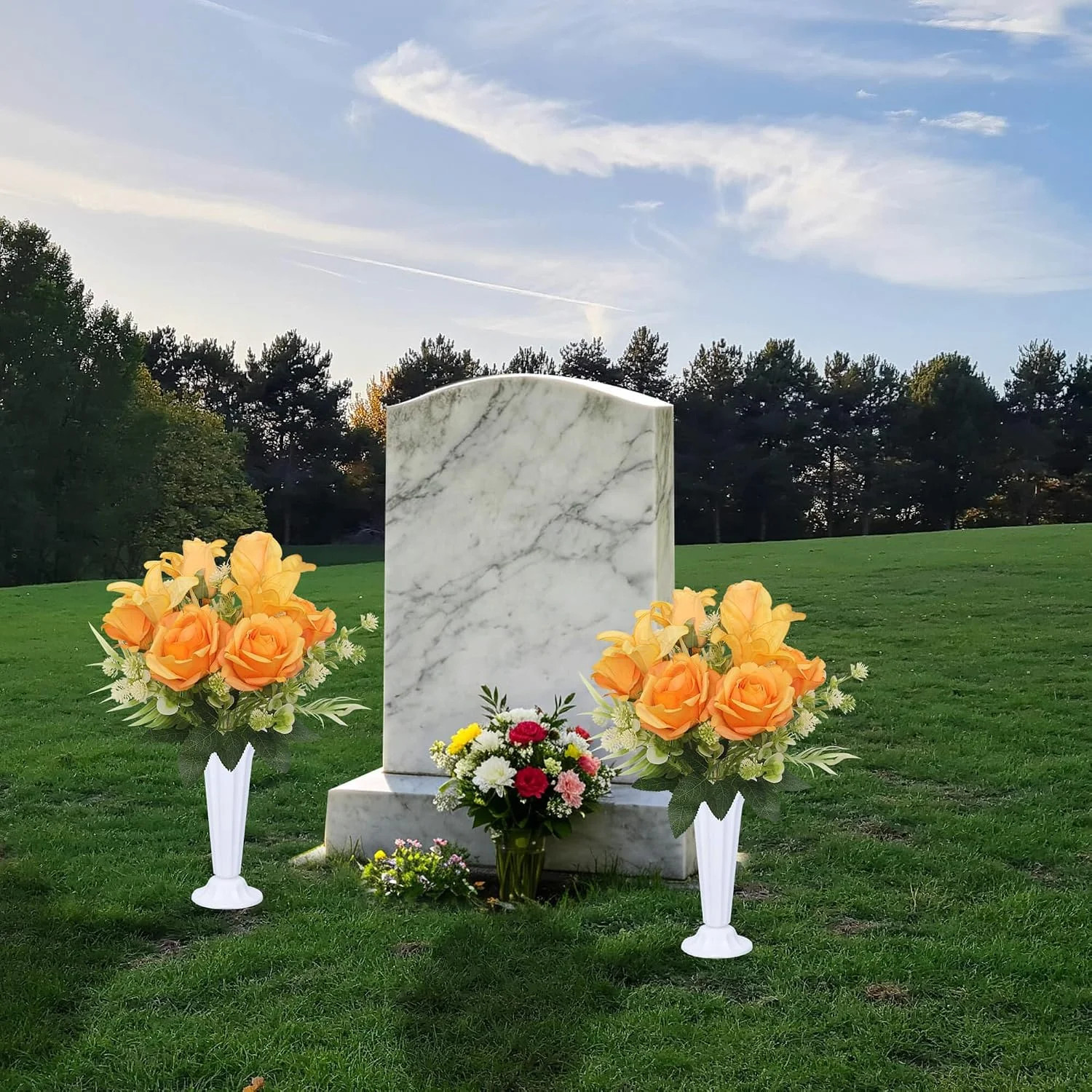 Artificial Cemetery Flowers with Vases Set of 2 Roses Lily Silks Bouquets Realis