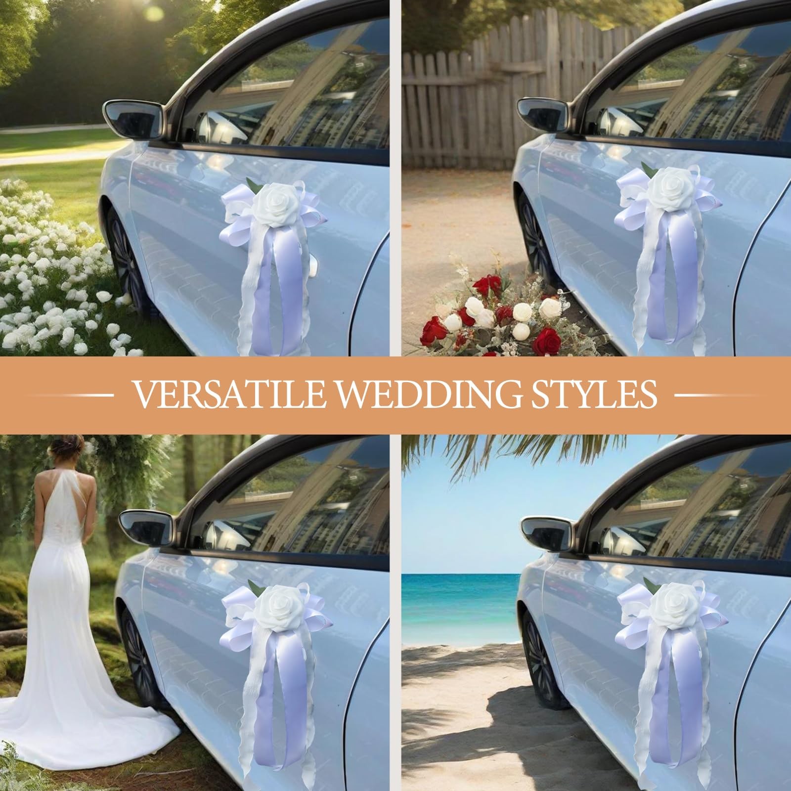 White Artificial Flower Bow, Ribbon, Wedding Car Decor, Door Handle, Rearview