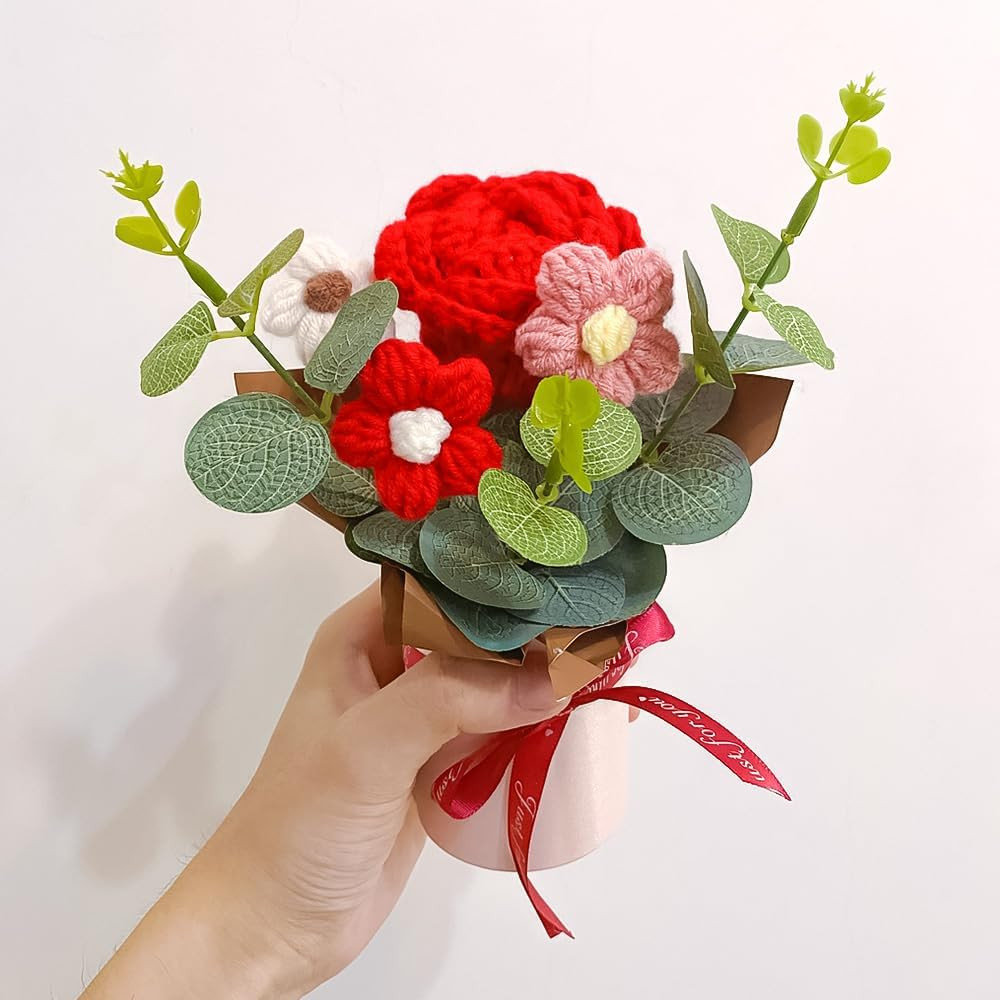 Crochet Medium Rose Flower Bouquet: Handmade Knitted Bouquet for Mother’S Day Bi