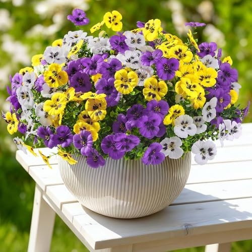 24 Bundles Artificial Pansies Flowers UV Resistant Waterproof Silk Eucalyptus